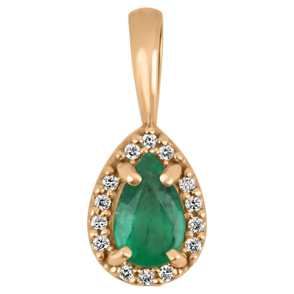 0.36tcw 14K Tiny Natural Dark Green Pear Emerald & Diamond Halo Rose Gold Pendan For Sale