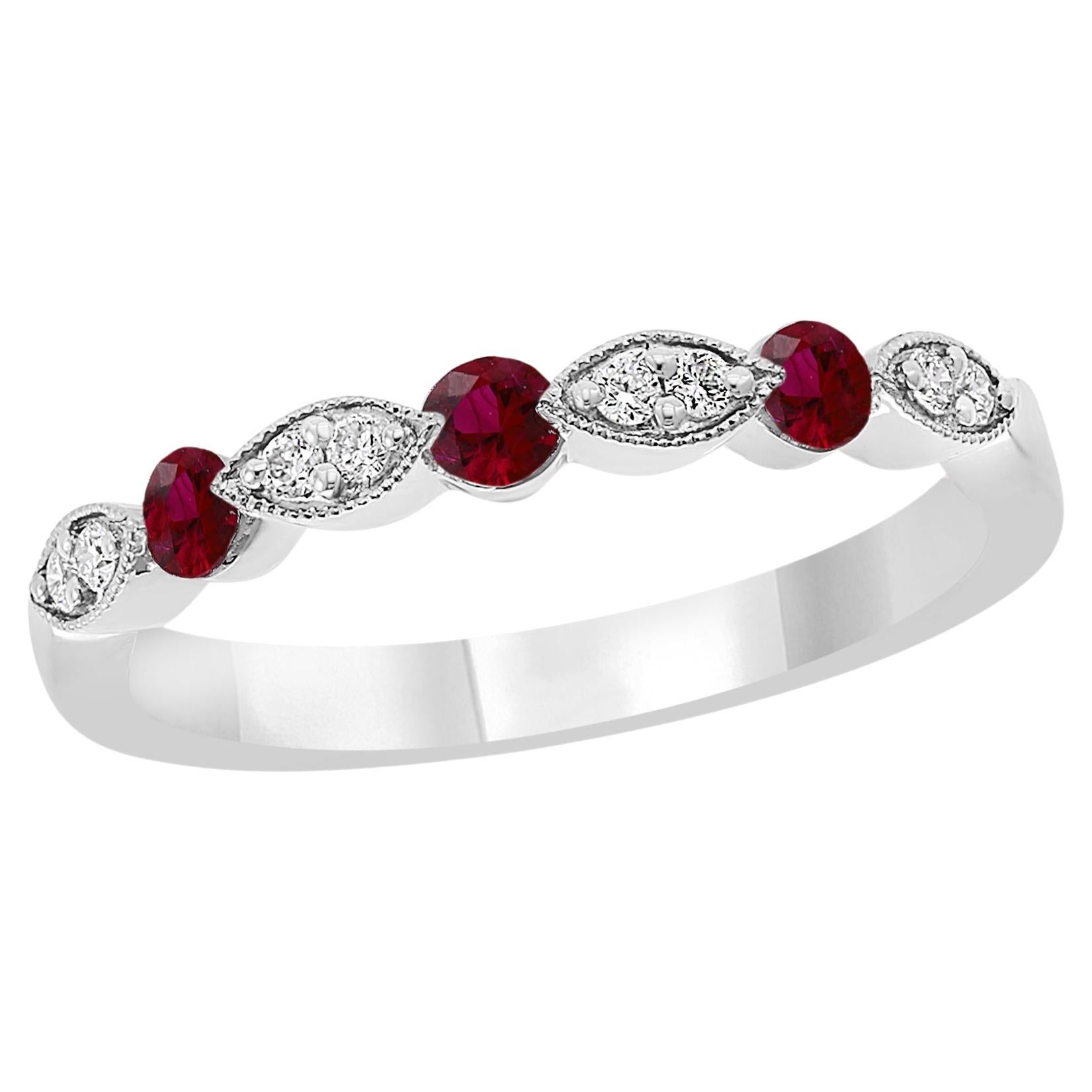 0.37 Carat Antique Style Ruby and Diamond Wedding Band in 18K White Gold
