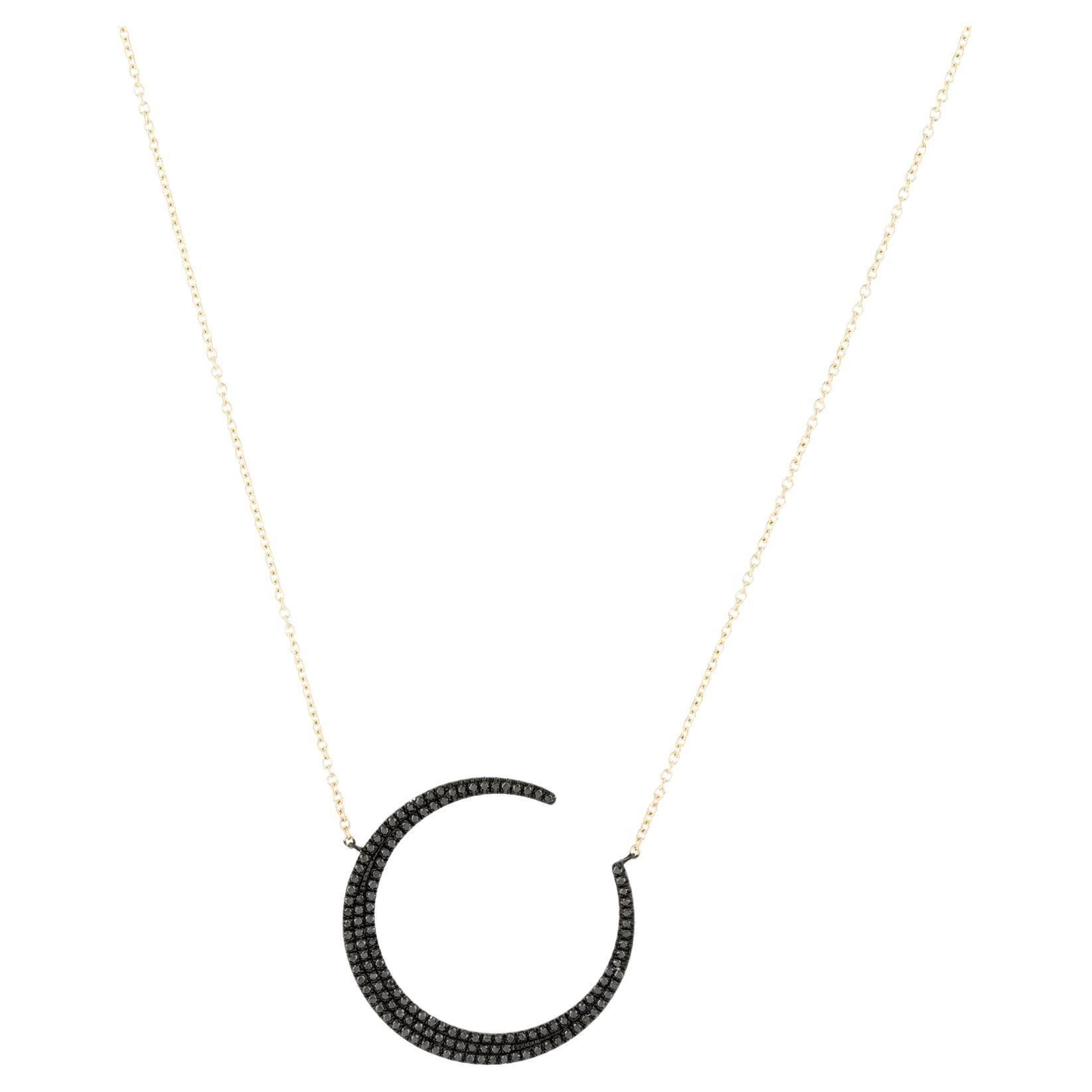 0.37 Carat Black Diamond Crescent Moon Yellow Gold Pendant Necklace