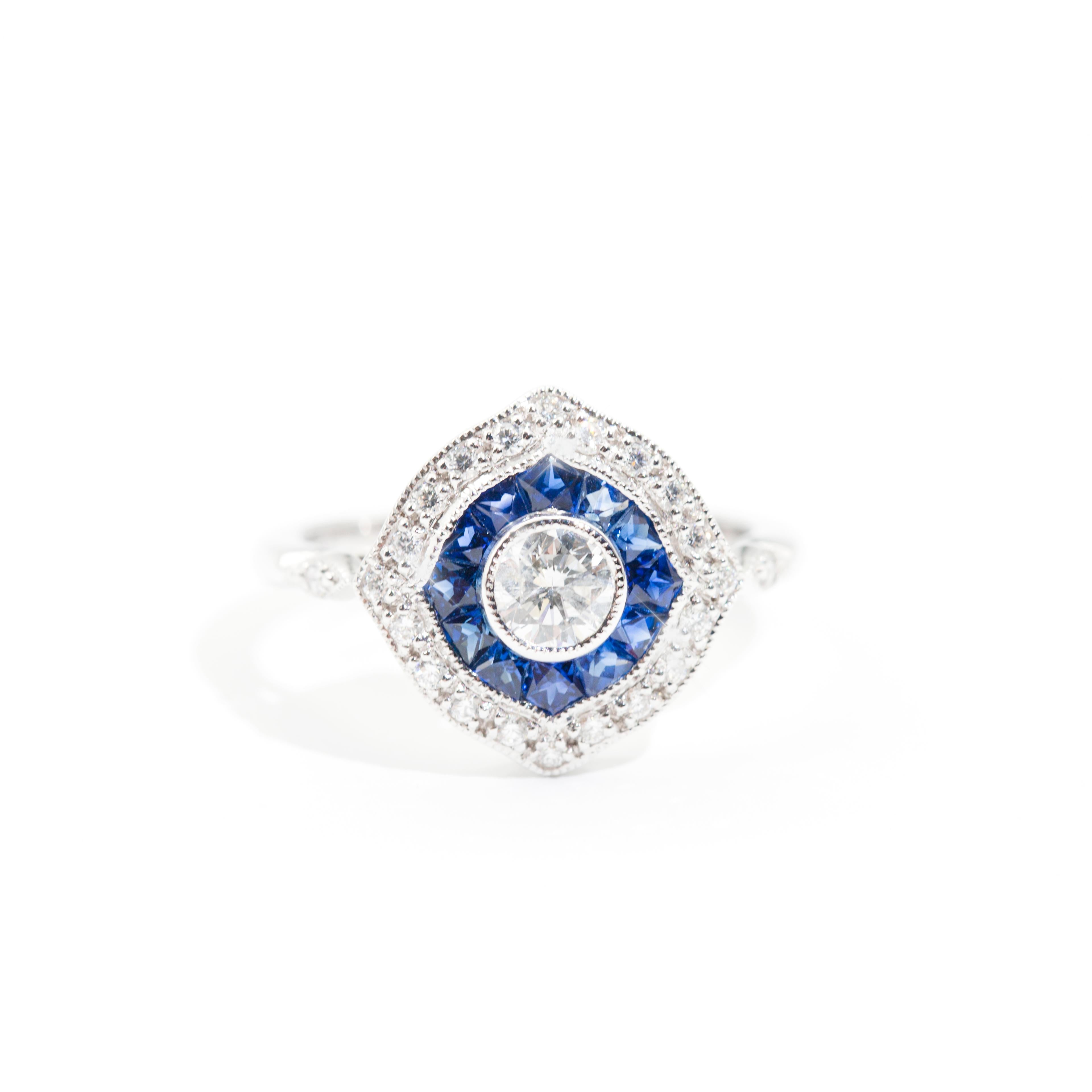0.37 Carat Diamond and Blue Sapphire 18 Carat White Gold Cluster Ring 2