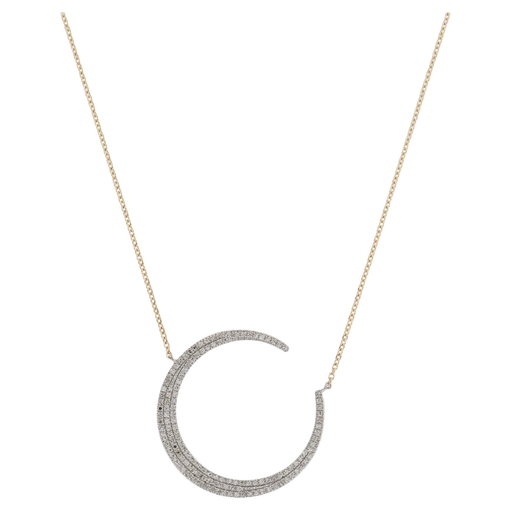 0.37 Carat Diamond Crescent Moon White & Yellow Gold Pendant Necklace For Sale