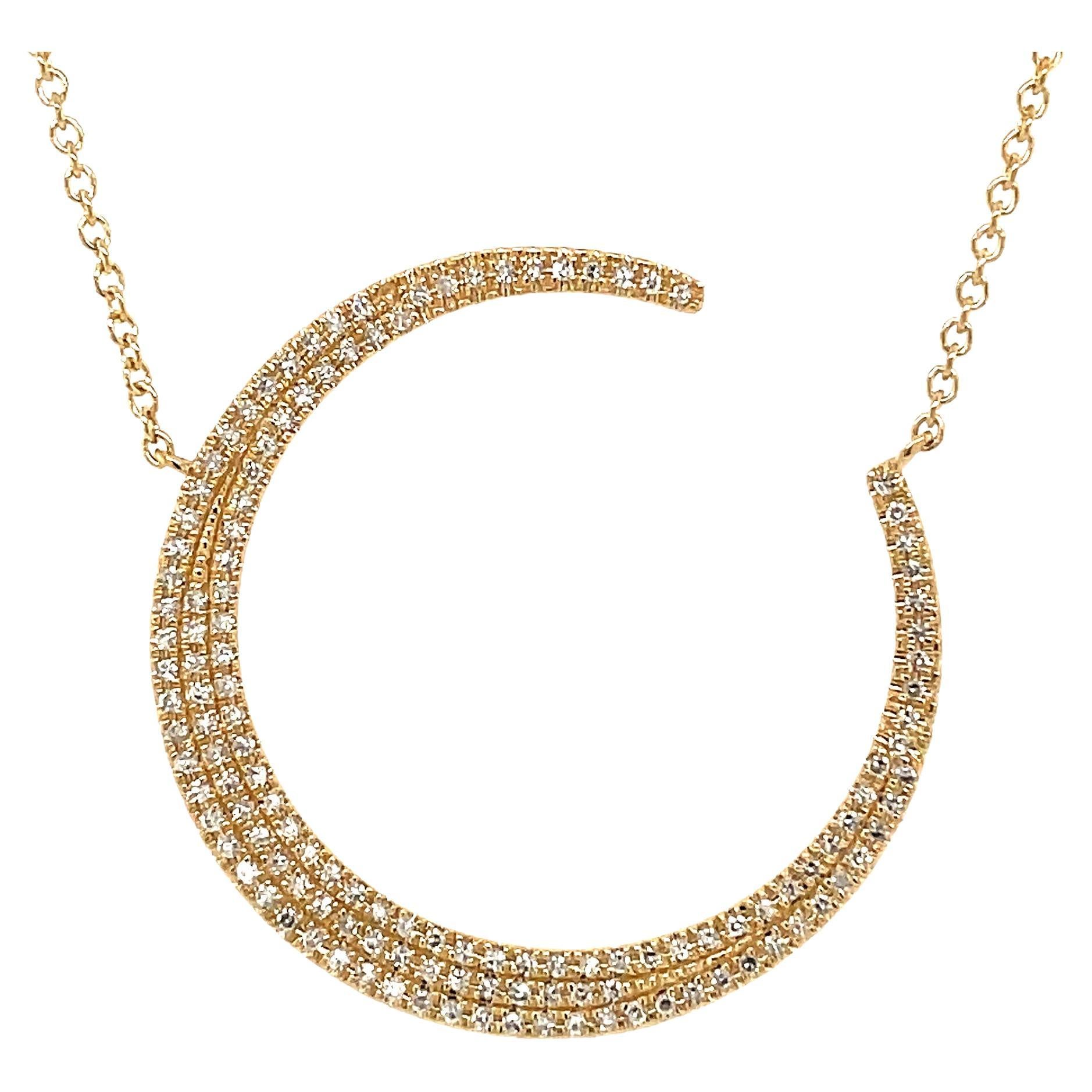 Round Cut 0.37 Carat Diamond Crescent Moon Yellow Gold Pendant Necklace For Sale