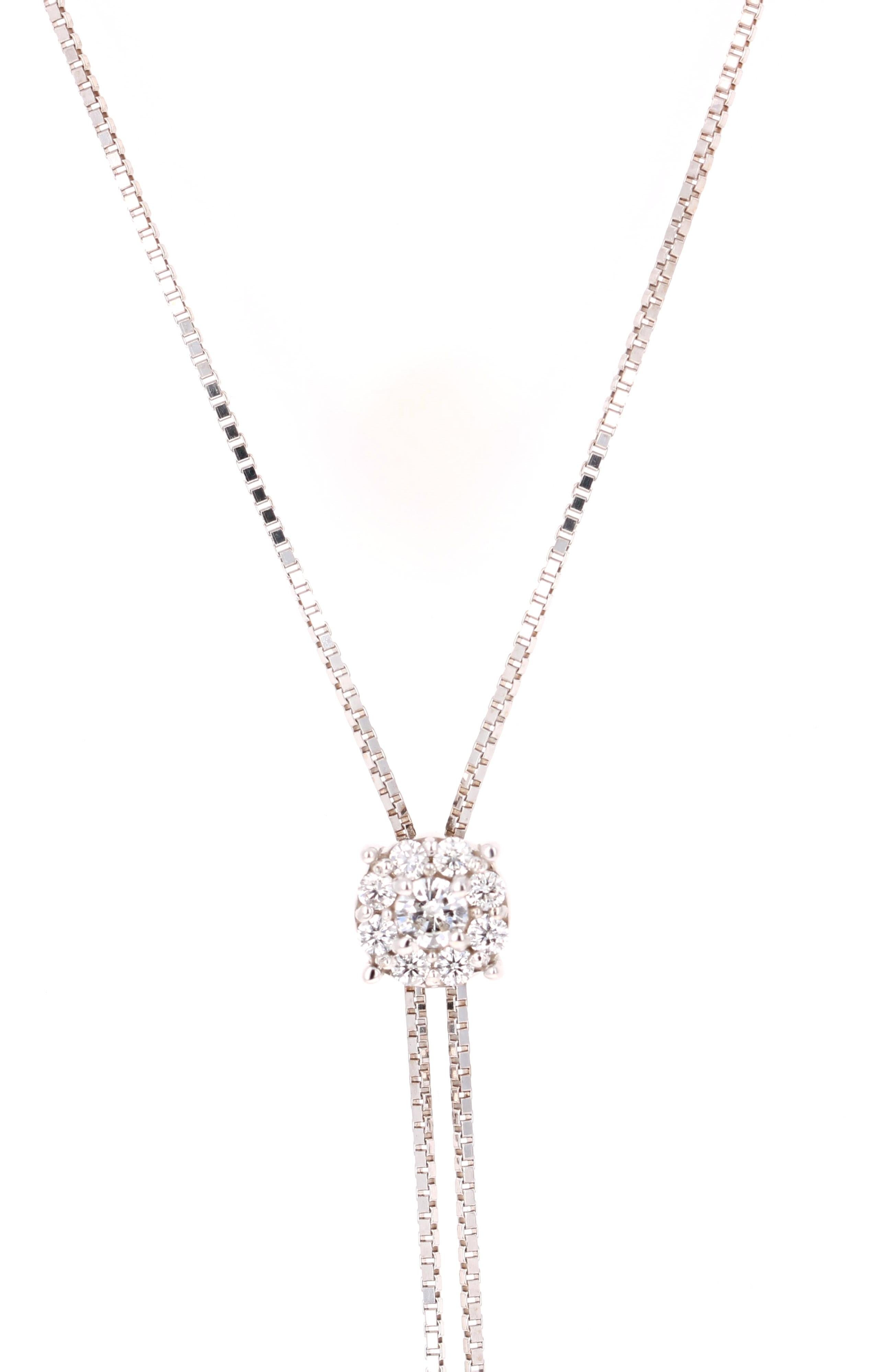 Beautiful, Elegant and On-trend Lariat style necklace!!  It has 9 Round Cut Diamonds (Clarity: SI, Color: F) that weigh 0.37 Carats. 

It is beautifully curated in 14 Karat White Gold and weighs 5.6 grams and is approximately 20 inches long.   The
