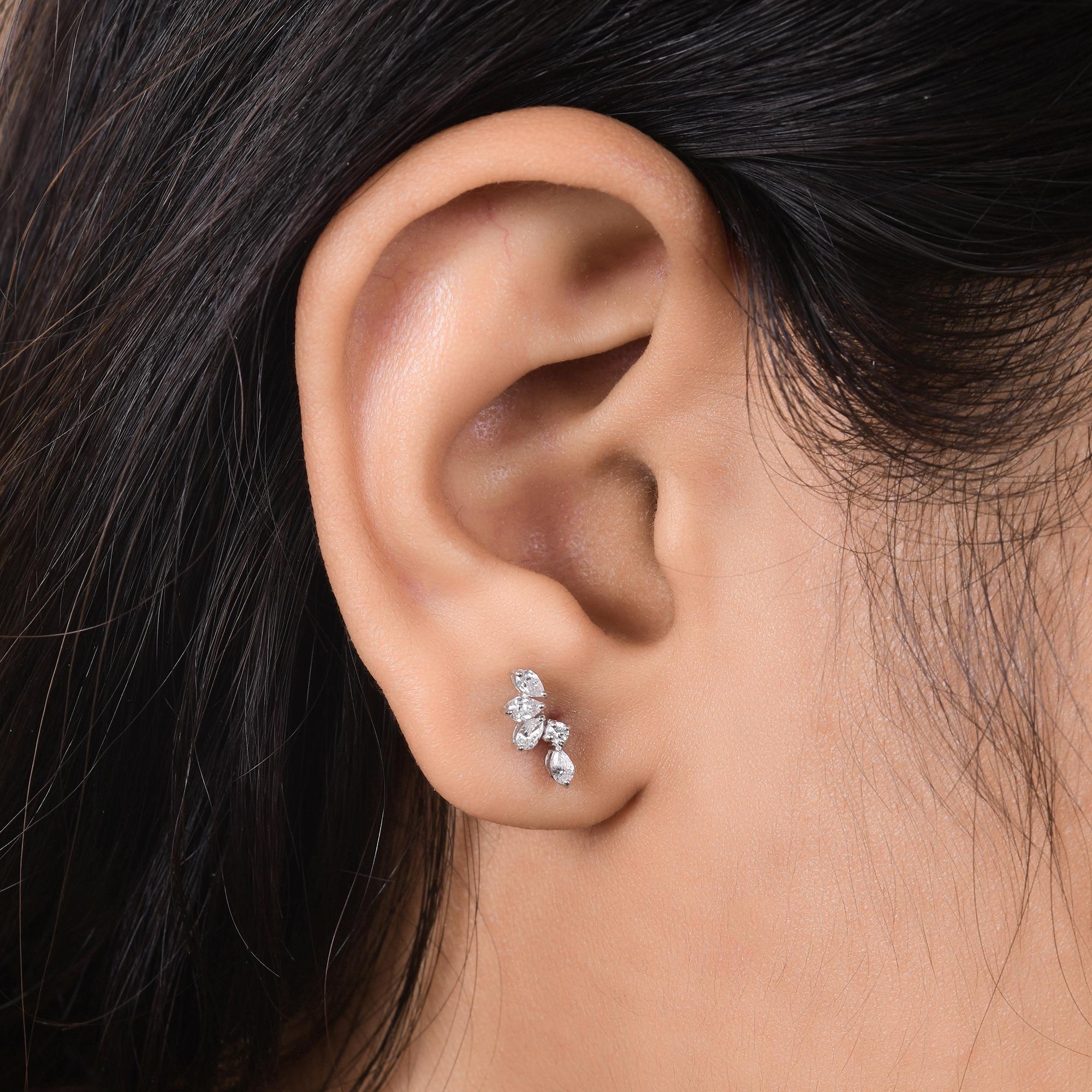 Pear Cut 0.37 Carat Pear & Round Diamond Stud Earrings 18 Karat White Gold Fine Jewelry For Sale