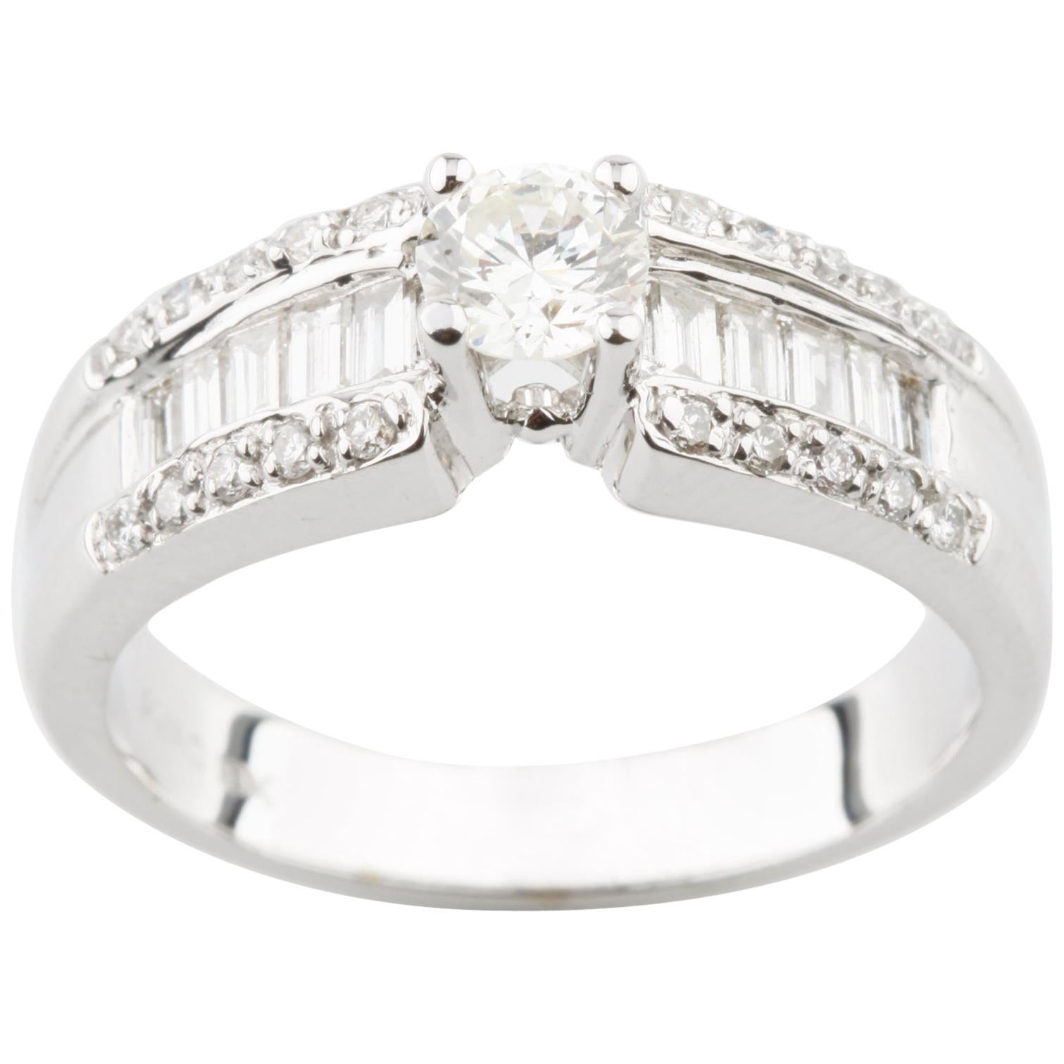 0.37 Carat Round Diamond Solitaire Ring in White Gold with Accents For Sale