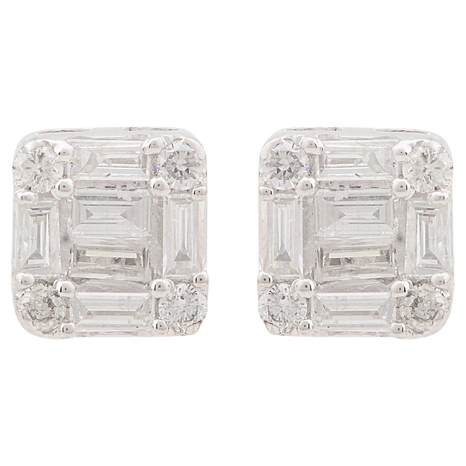 Clous d'oreilles taille coussin en or blanc 10 carats avec diamants baguettes SI/H de 0,37 carat
