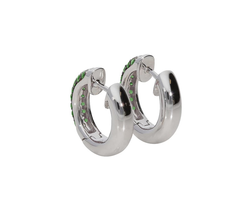 0.37 Tsavorite 0.28 White GVS Diamonds 18 Karat White Gold Small Hoop