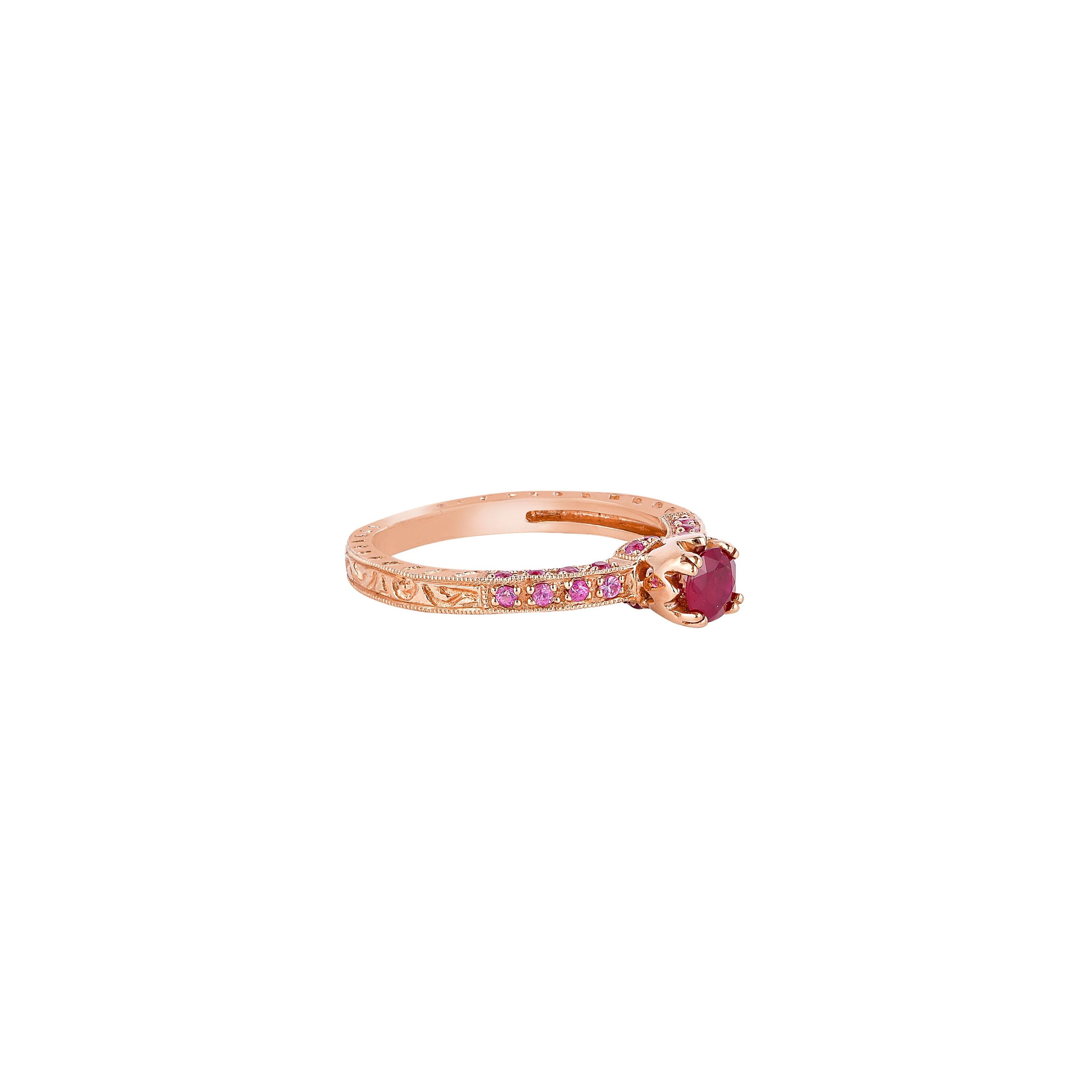 Unique and Designer Cocktail Rings by Sunita Nahata Fine Design.

Classic Ruby ring in 14K Rose gold with pink sapphire. 

Ruby: 0.370 carat, 4.50mm size, round shape.
Pink Sapphire: 0.280 carat, 1.20mm size, round shape.

Gold: 2.98g, 14K Rose