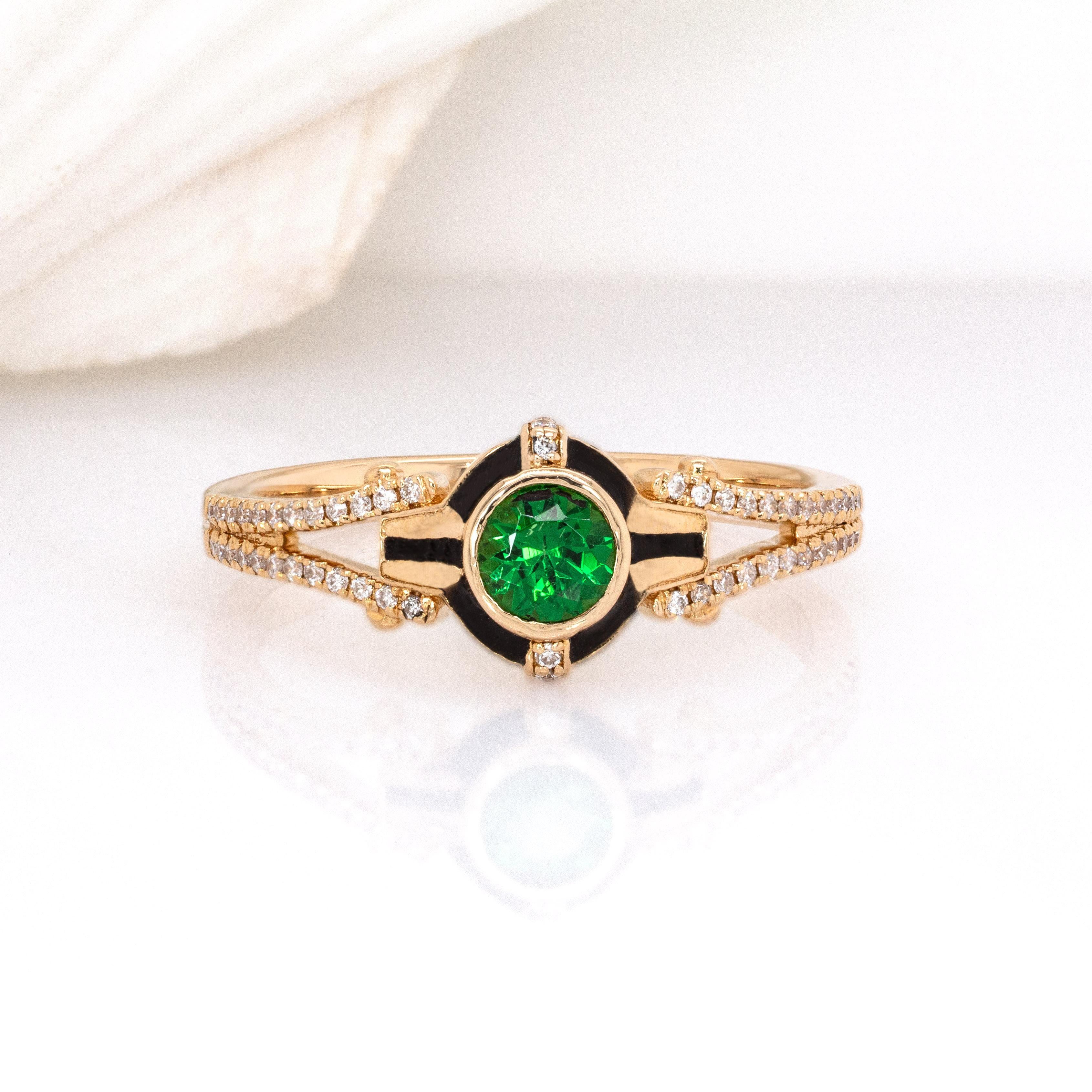 Contemporain 0.37cts Tsavorite Garnet W Natural Diamond Accents : Or massif 14k  Rond, 4mm en vente