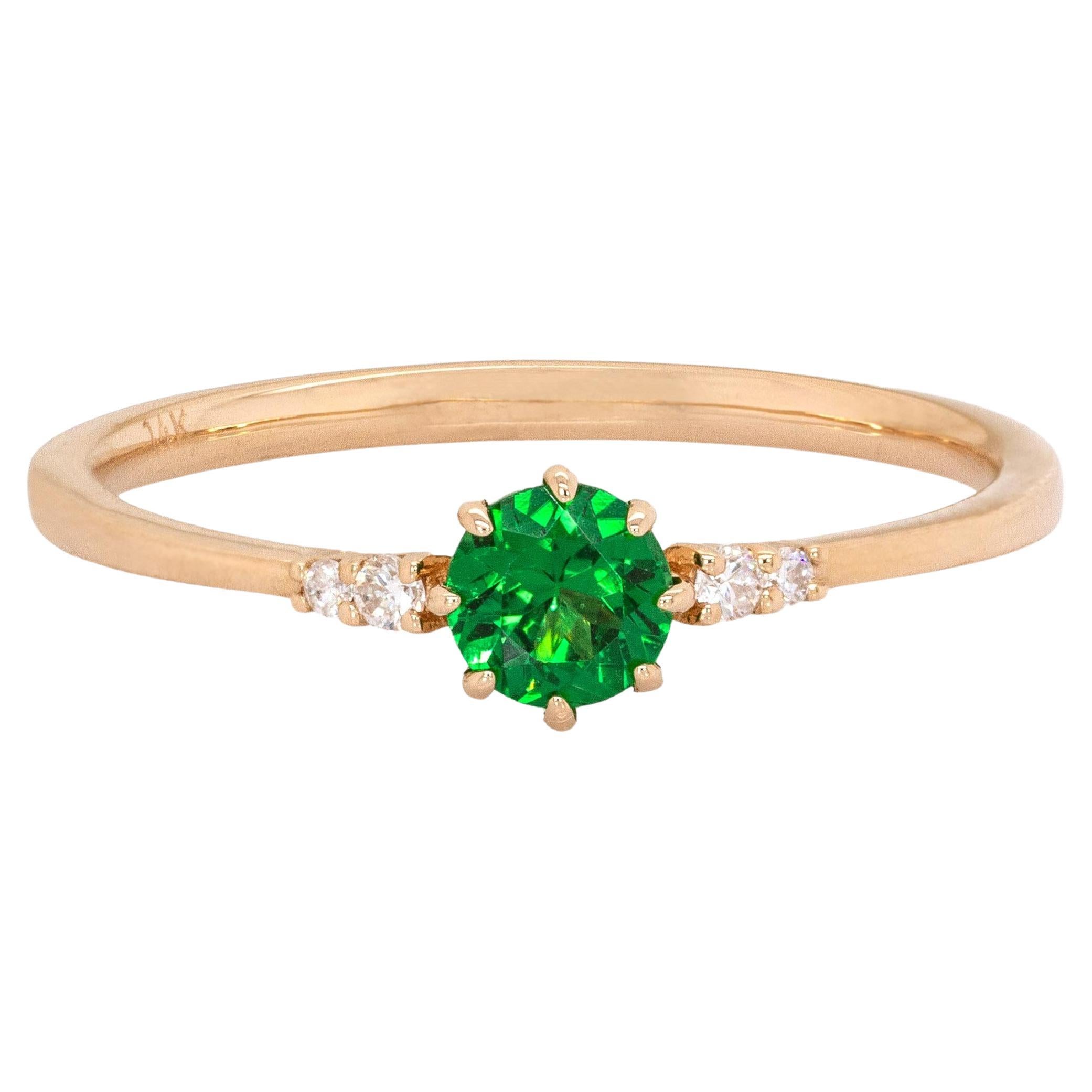 0.37cts Tsavorite Garnet W Natural Diamond Accents Ring : 14k Solid Gold  4mm