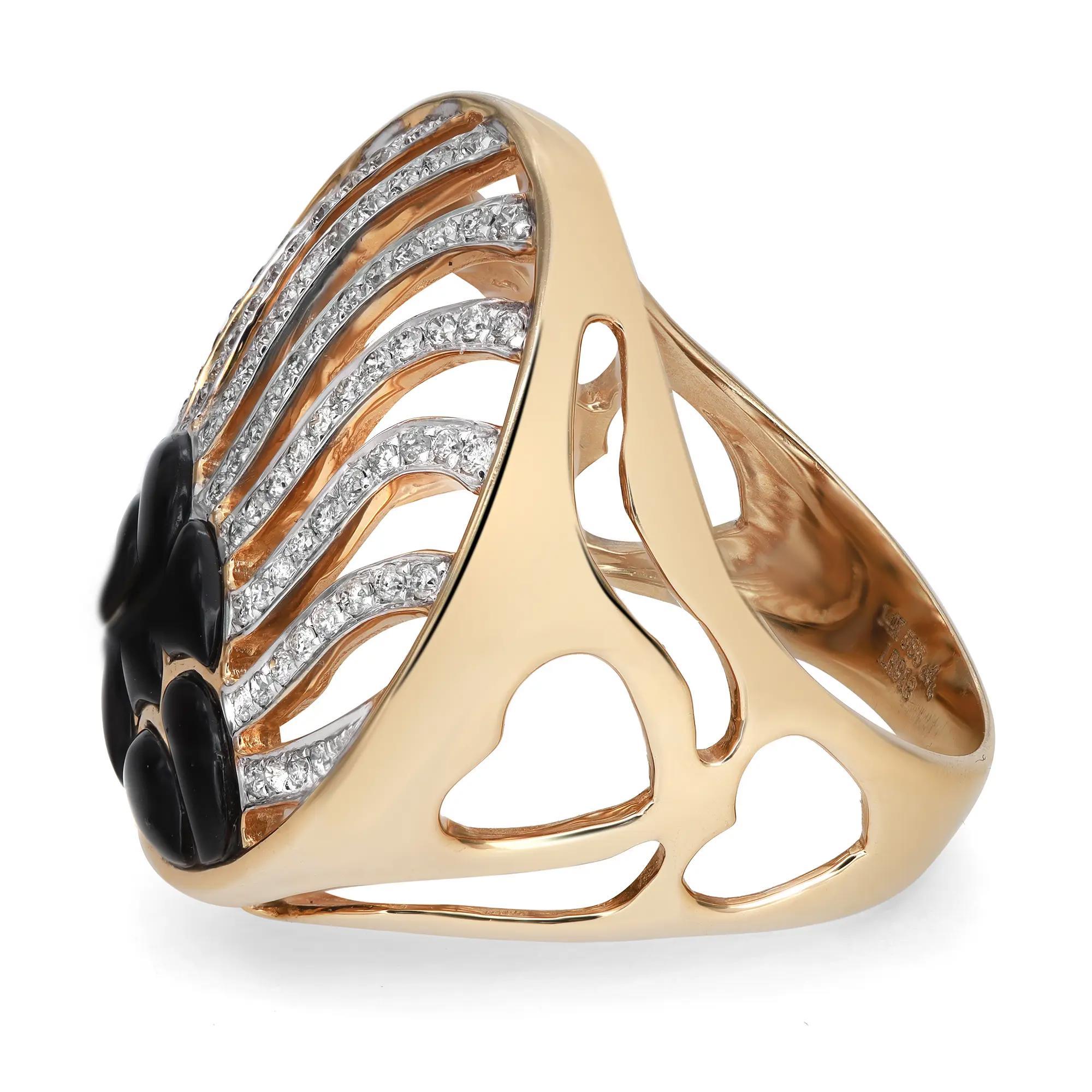 This bold and beautiful ring features pave set round cut diamonds set in a wave pattern with black onyx. Total diamond weight: 0.37 carat. Diamond color H-I and SI1 clarity. Crafted in brightly polished 14k yellow gold. The ring size is 7.5 and the