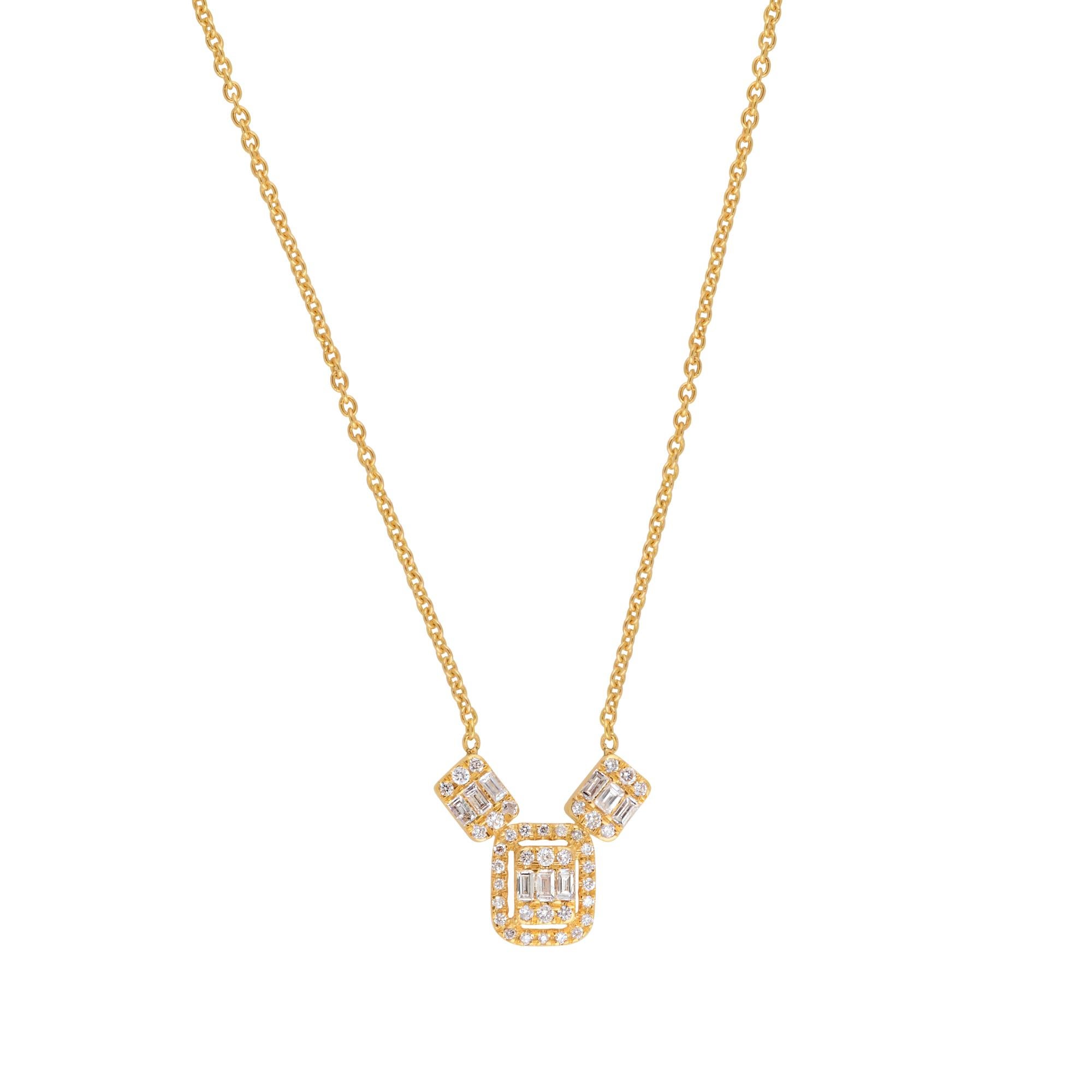 The baguette diamond pendant gracefully hangs from a solid 18k yellow gold chain, adding warmth and richness to the design. Yellow gold has long been associated with luxury and prestige, and its timeless appeal enhances the overall aesthetic of the