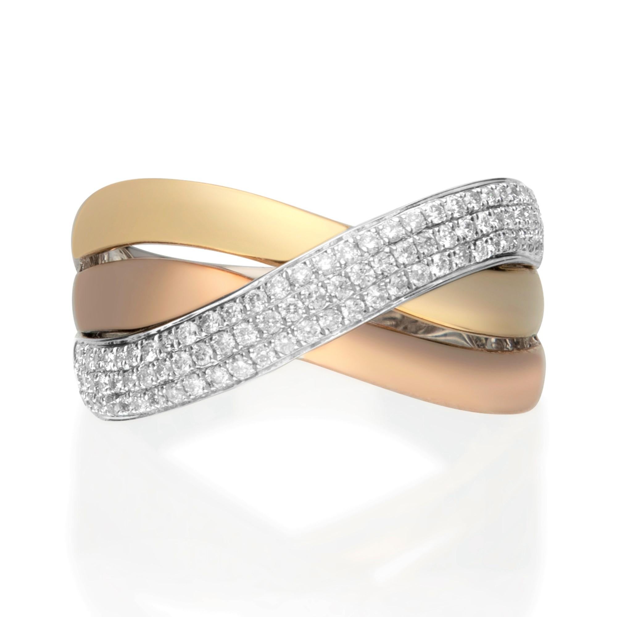 Fashioned in 14K three Tone gold by Gin and Grace, this jewelry is the ideal way to showcase your bold style. 
This ring features 88 glistening Round diamonds 0.38 carat in GH-SI quality with a lovely curve design. 

Diamonds: 0.38 Carat
Quality: GH