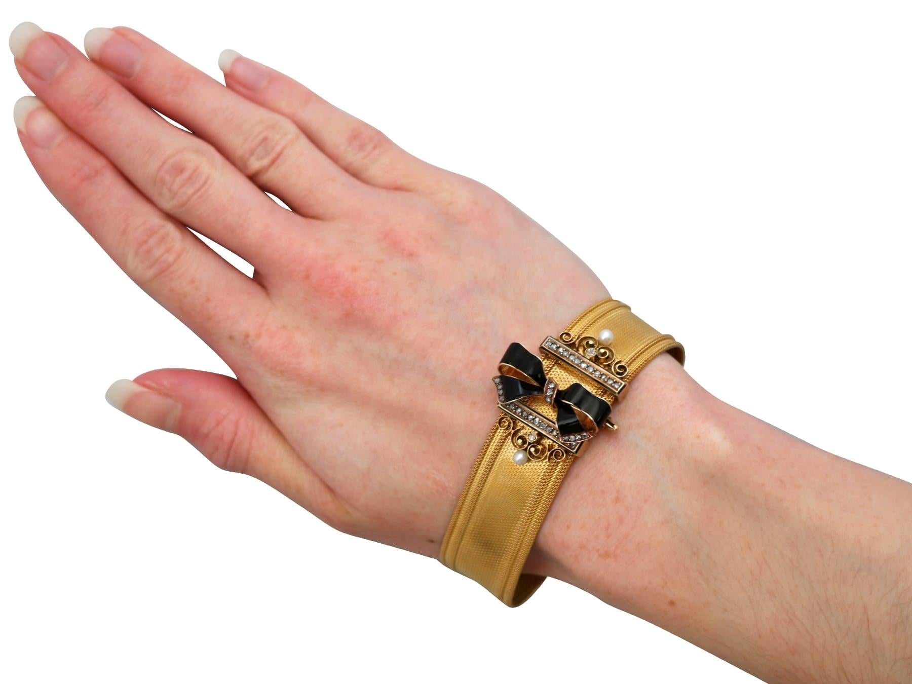 Diamond, Pearl Enamel Bracelet / Brooch in 18k Yellow Gold For Sale 5