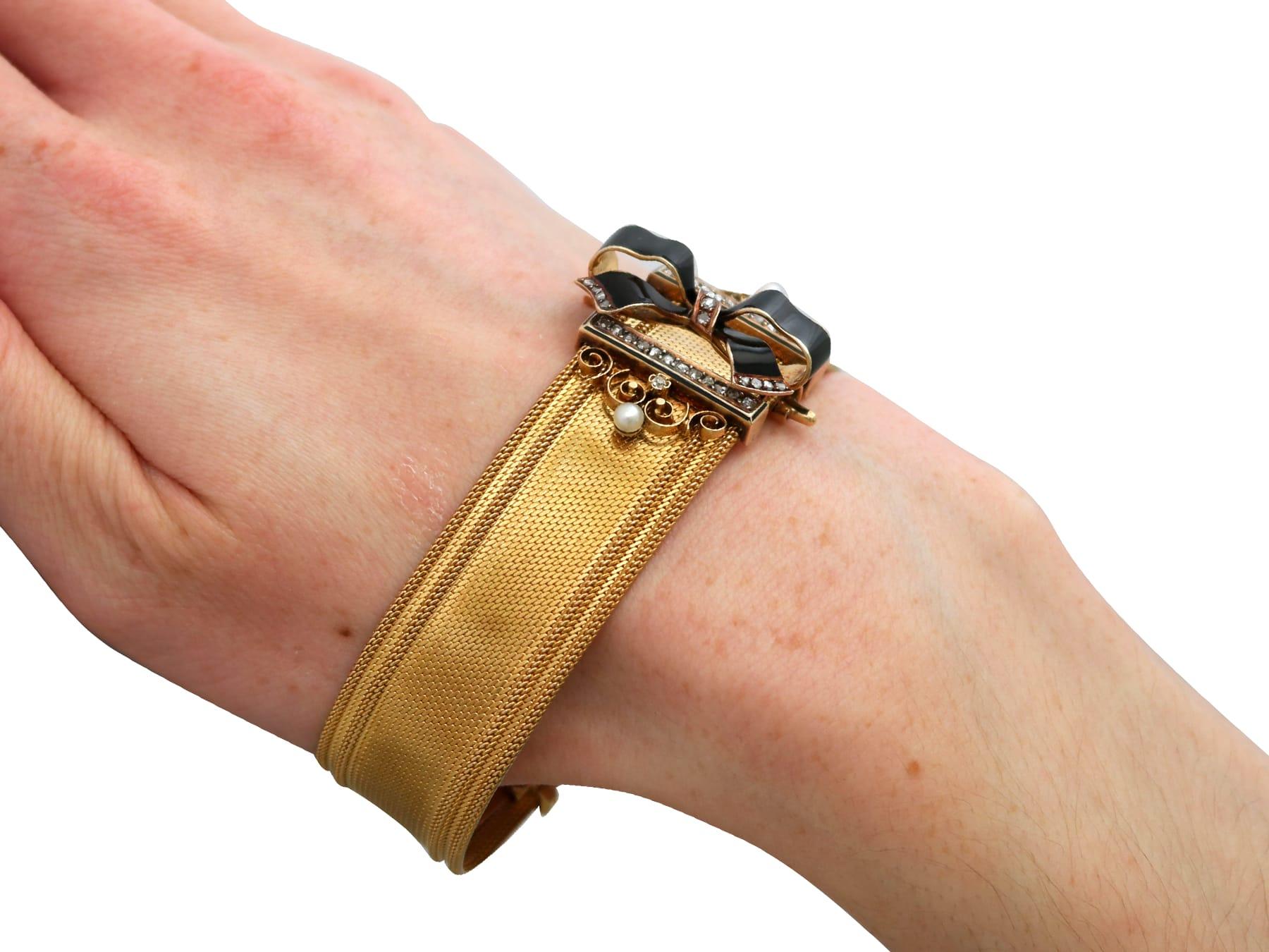 Diamond, Pearl Enamel Bracelet / Brooch in 18k Yellow Gold For Sale 6