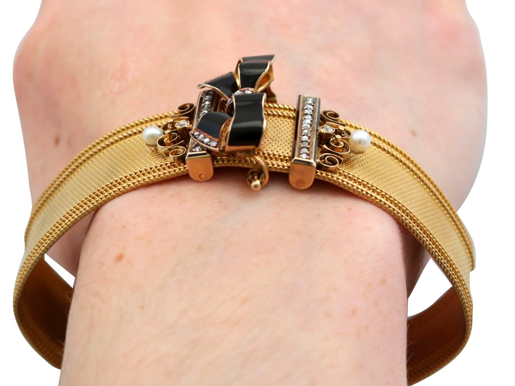 Diamond, Pearl Enamel Bracelet / Brooch in 18k Yellow Gold For Sale 7