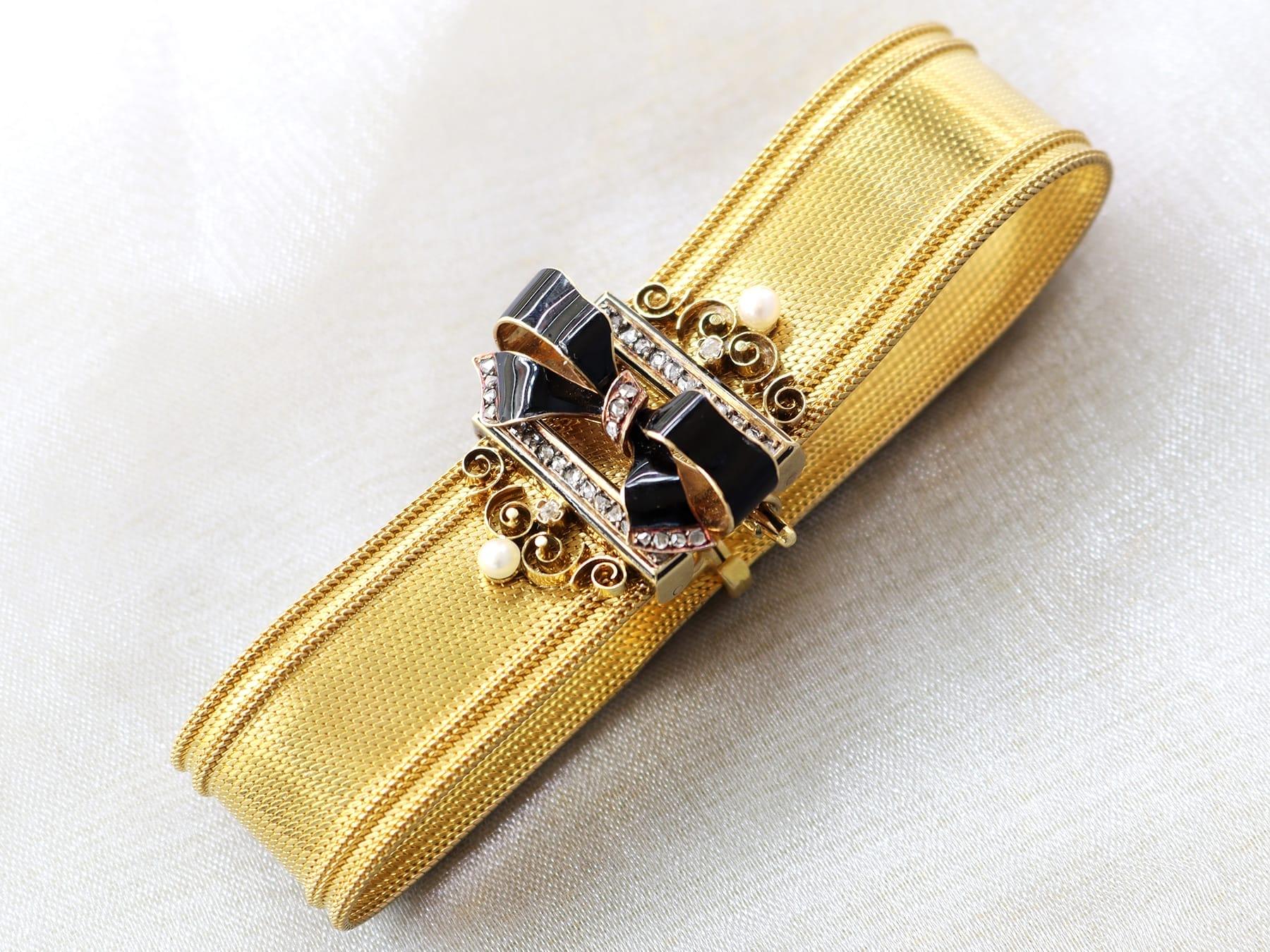Round Cut Diamond, Pearl Enamel Bracelet / Brooch in 18k Yellow Gold For Sale