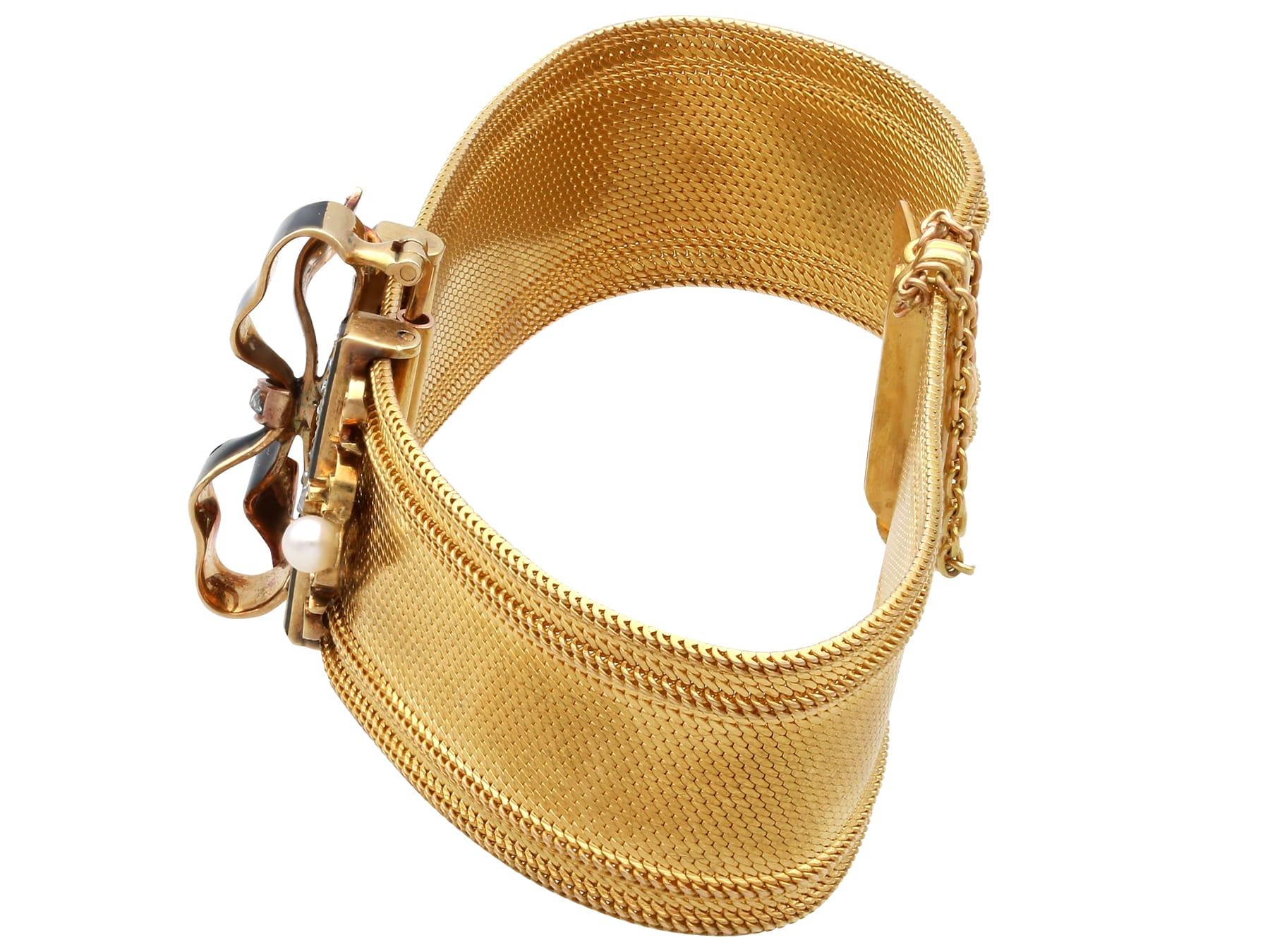 Diamond, Pearl Enamel Bracelet / Brooch in 18k Yellow Gold In Excellent Condition For Sale In Jesmond, Newcastle Upon Tyne