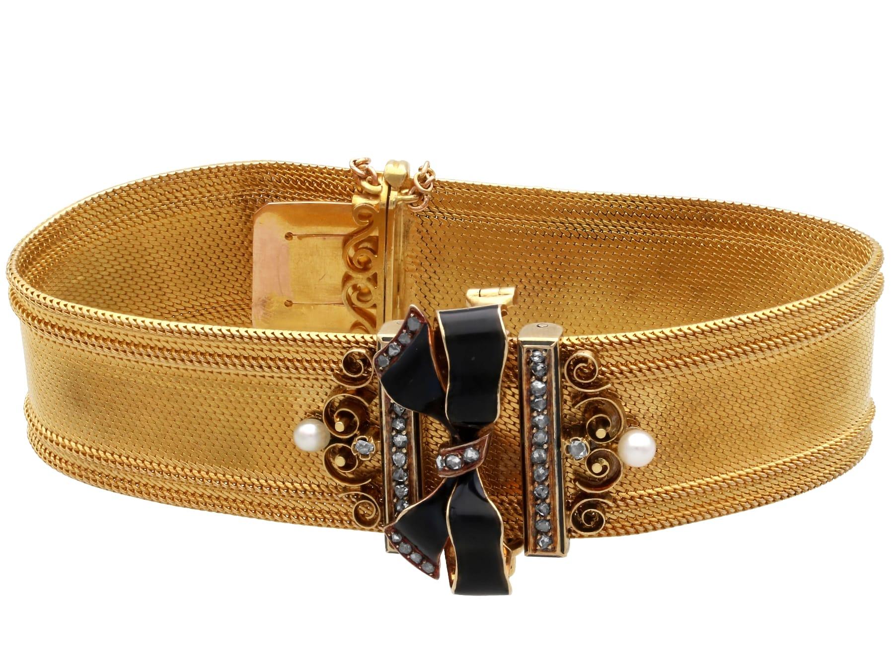 Women's or Men's Diamond, Pearl Enamel Bracelet / Brooch in 18k Yellow Gold For Sale