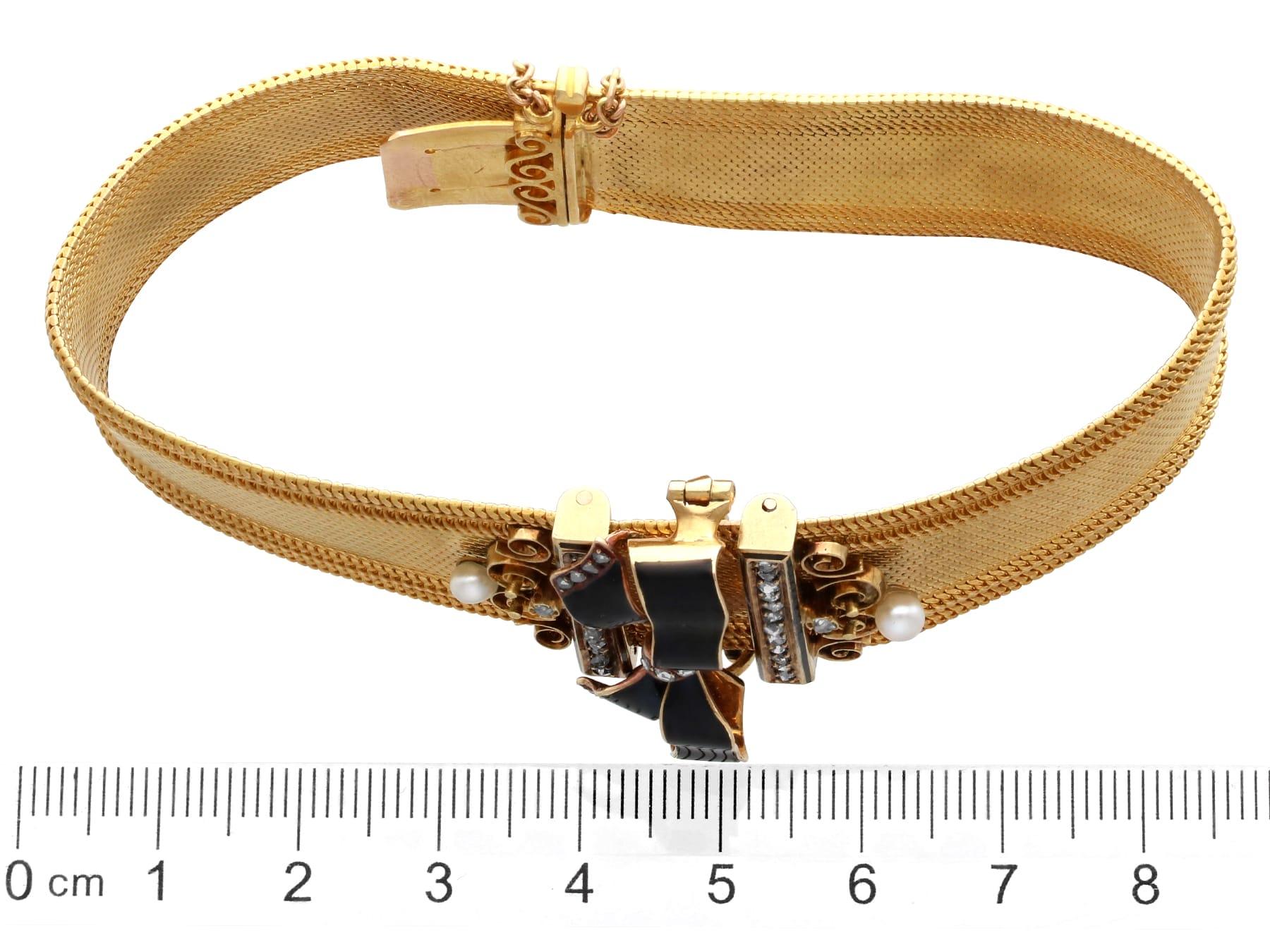 Diamond, Pearl Enamel Bracelet / Brooch in 18k Yellow Gold For Sale 3