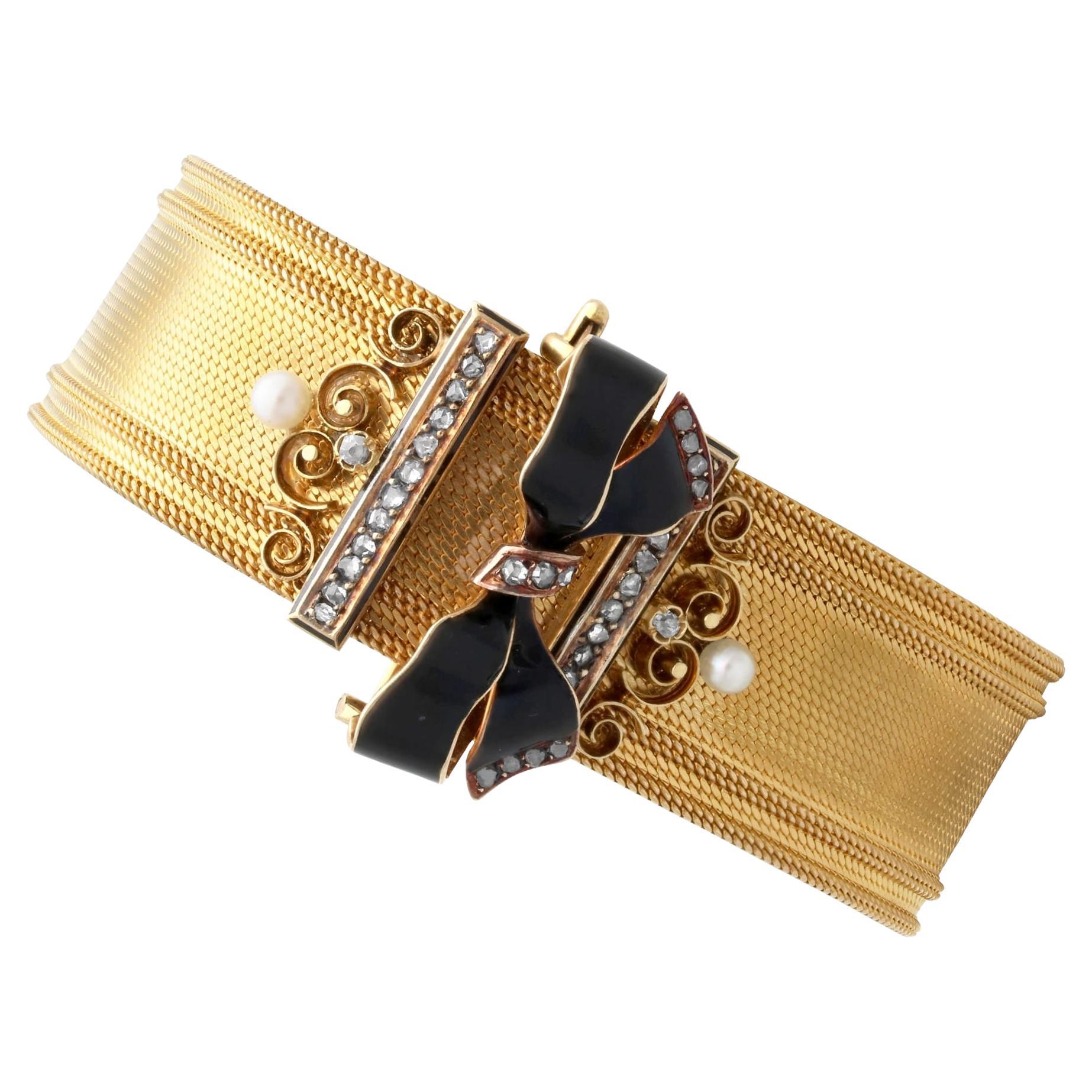 Diamond, Pearl Enamel Bracelet / Brooch in 18k Yellow Gold For Sale
