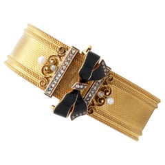 Diamond, Pearl Enamel Bracelet / Brooch in 18k Yellow Gold