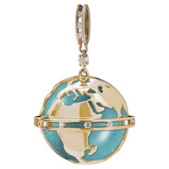 0.38 Carat Diamonds 18kt Yellow Gold Pendant "Il Mappamondo" Turquoise Sphere