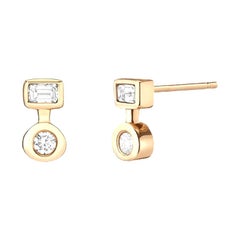 Hi June Parker Gold Stud Earrings 0.38 Carat Emerald and Round Cut Diamond 