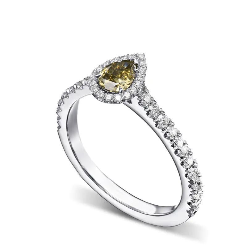 0.38 carat Fancy Dark Gray Yellowish Green Chameleon Diamond Pear shape on Diamond White Gold 18K Ring.

Size upon request.