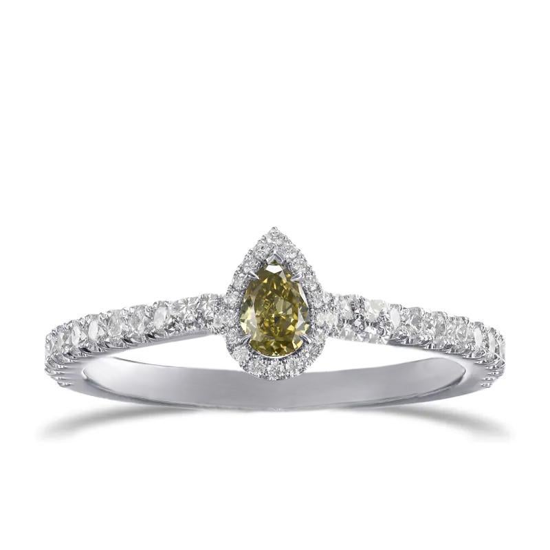 Pear Cut 0.38 carat Fancy Dark Gray Yellowish Green Chameleon Diamond White Gold 18K Ring For Sale