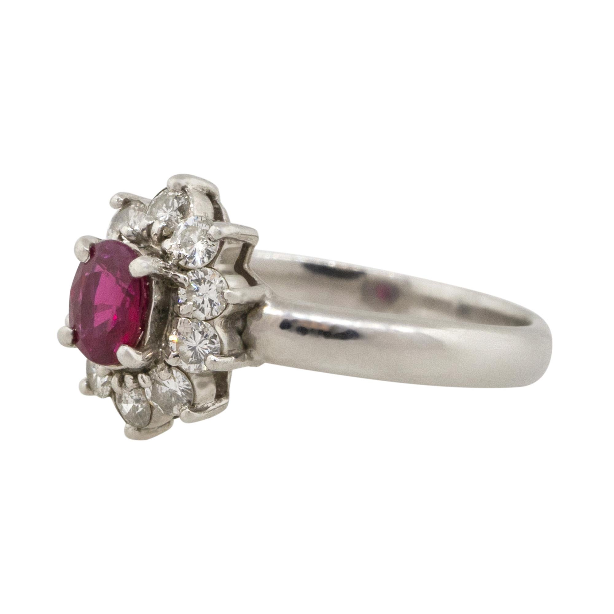 Material: Platinum
Gemstone details: Approx. 0.38ctw oval cut Ruby center
Diamond details: Approx. 0.36ctw of round and baguette cut Diamonds. Diamonds are G/H in color and VS in clarity
Ring Size: 5
Ring Measurements: 0.70