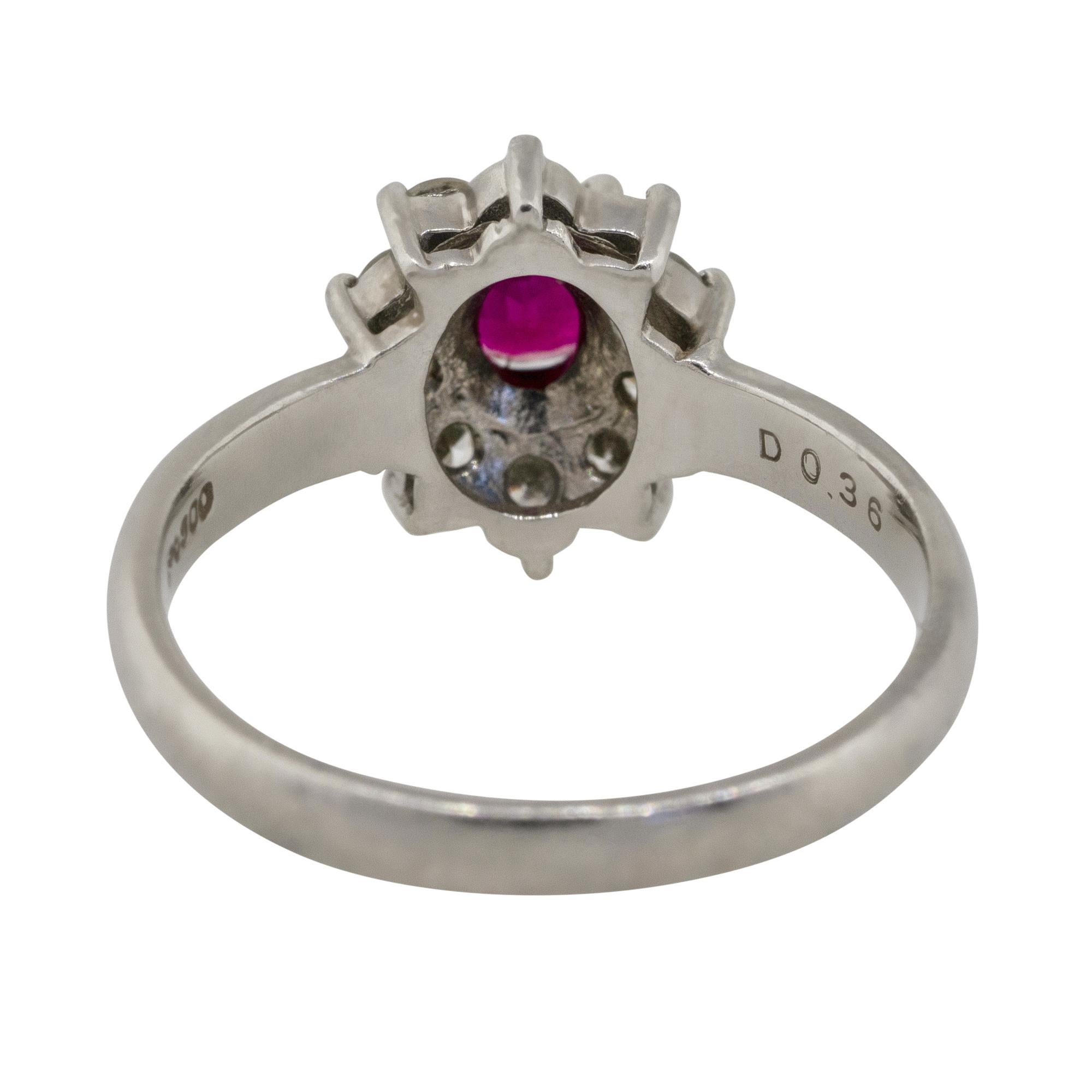 Women's 0.38 Carat Oval Ruby Diamond Halo Flower Ring Platinum in Stock For Sale