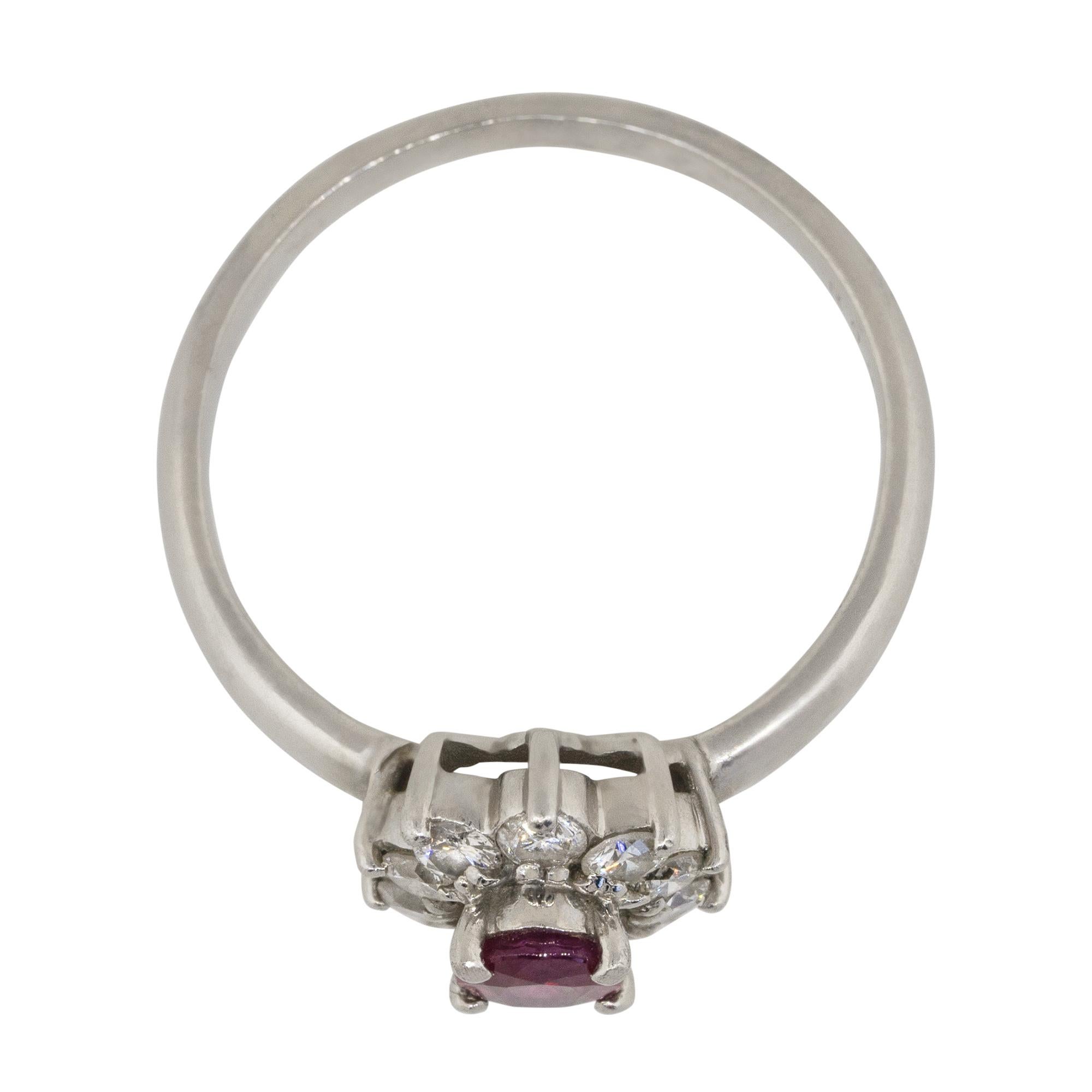 0.38 Carat Oval Ruby Diamond Halo Flower Ring Platinum in Stock For Sale 1