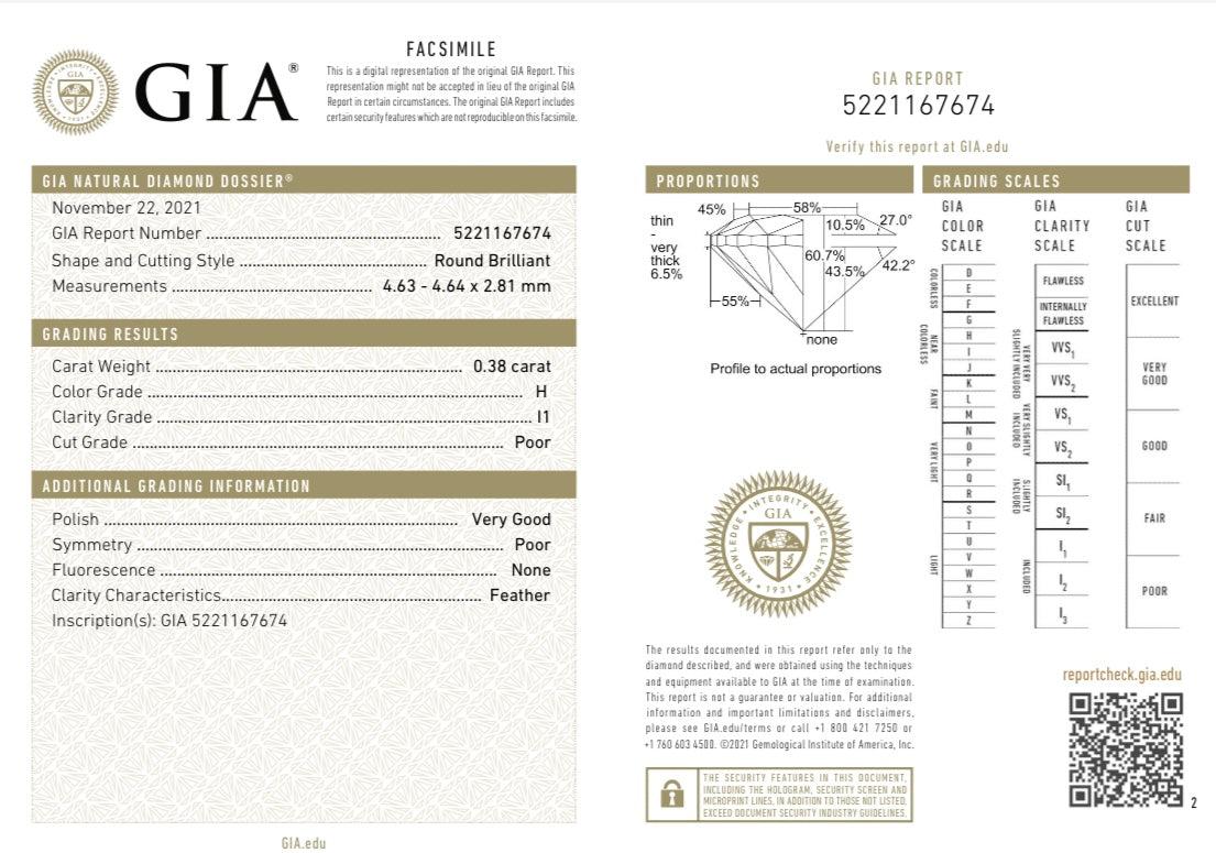 0,38 carati di diamante tondo Brilliante certificato H. H. Colore I1 Chiarezza In condizioni buone in vendita a New York, NY