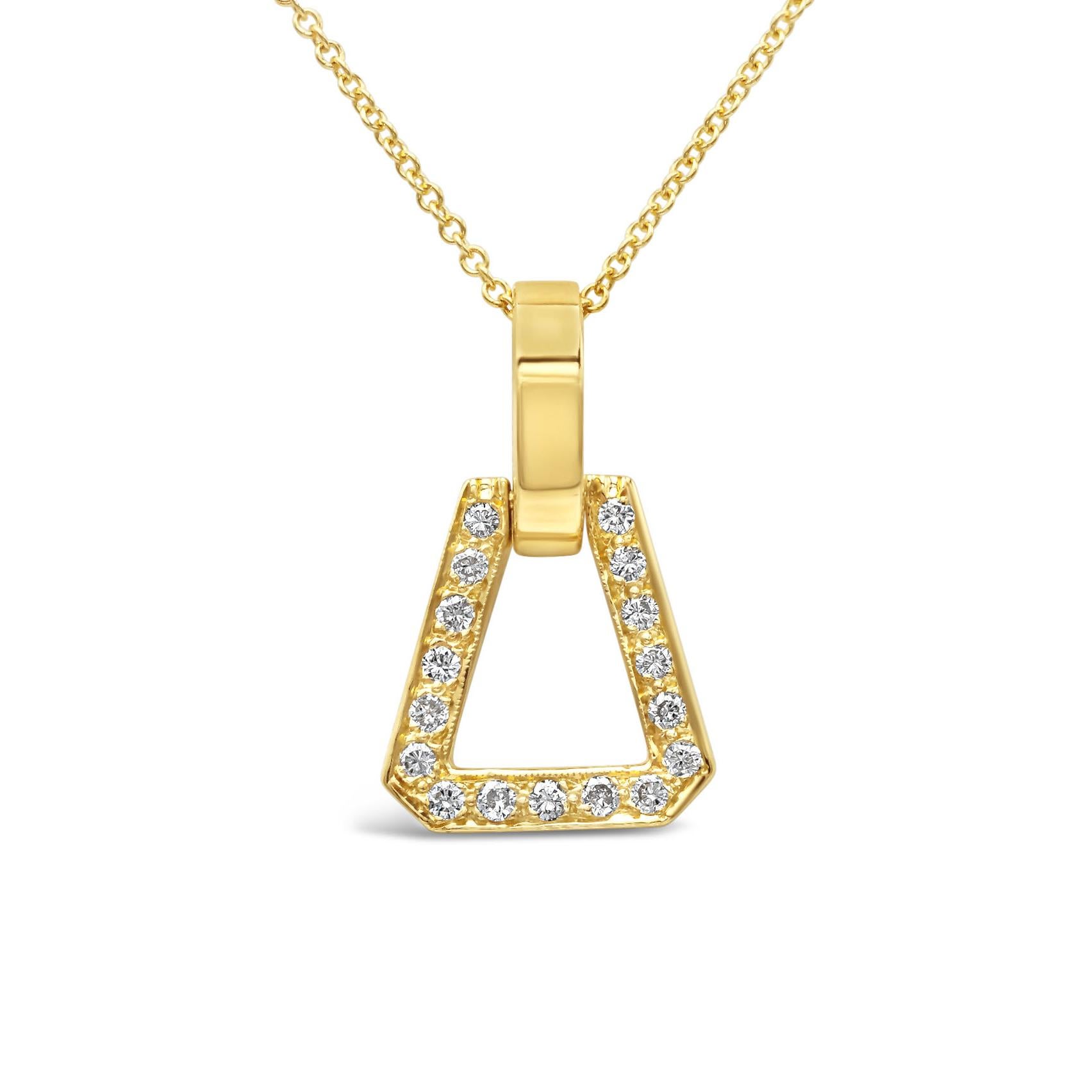 A beautiful and unique pendant showcasing a triangular open-work design set with 0.38 carats of round brilliant diamonds. Diamonds are approximately F-G color, SI1 clarity. Made in Yellow Gold. Suspended on an 18 inch adjustable yellow gold chain.


