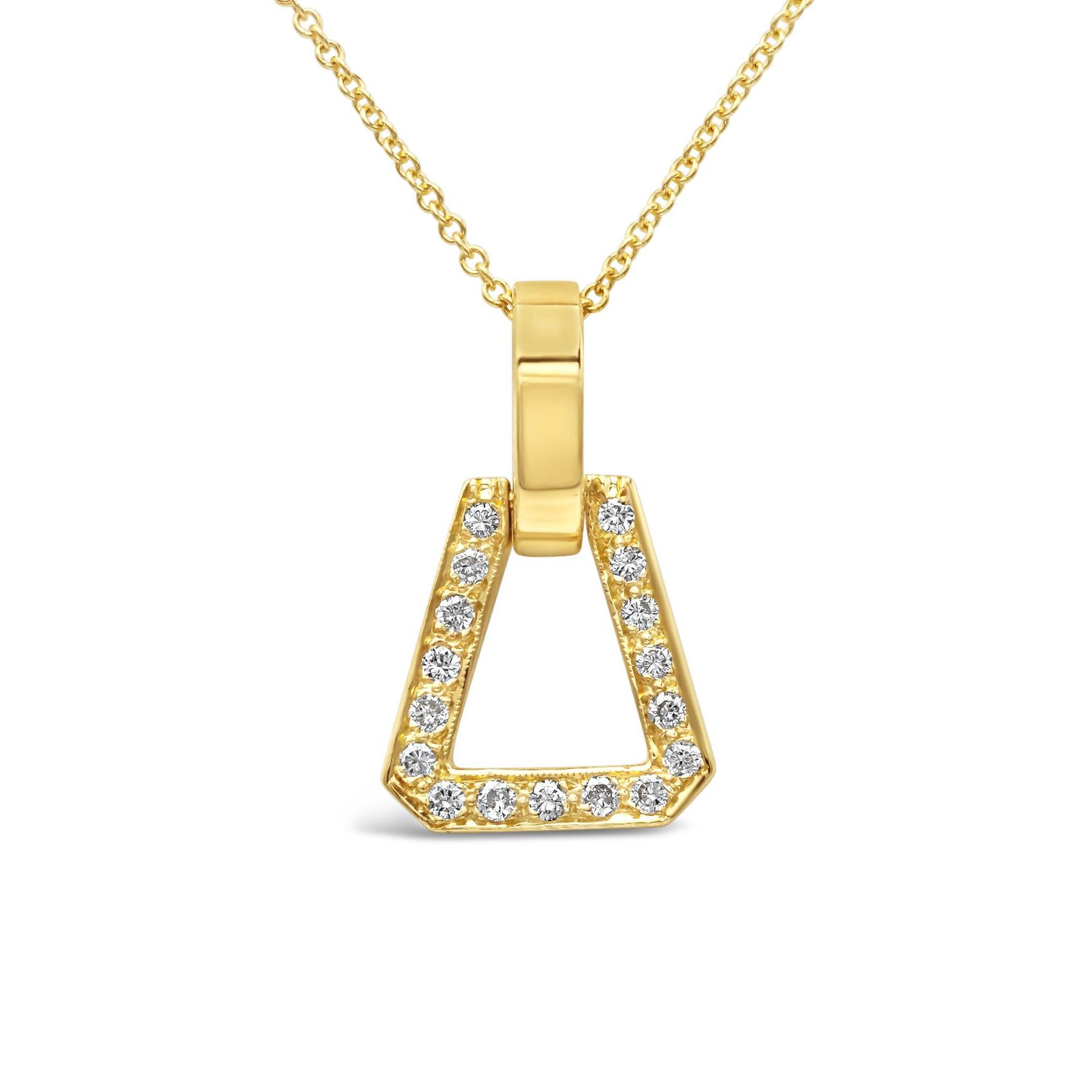 A beautiful pendant, showcasing a triangular open-work design set with 0.38 carat of round brilliant diamonds. Diamonds are approximately F-G color and SI1 clarity. Finely made with yellow gold. Suspended on an 18 inches adjustable yellow gold