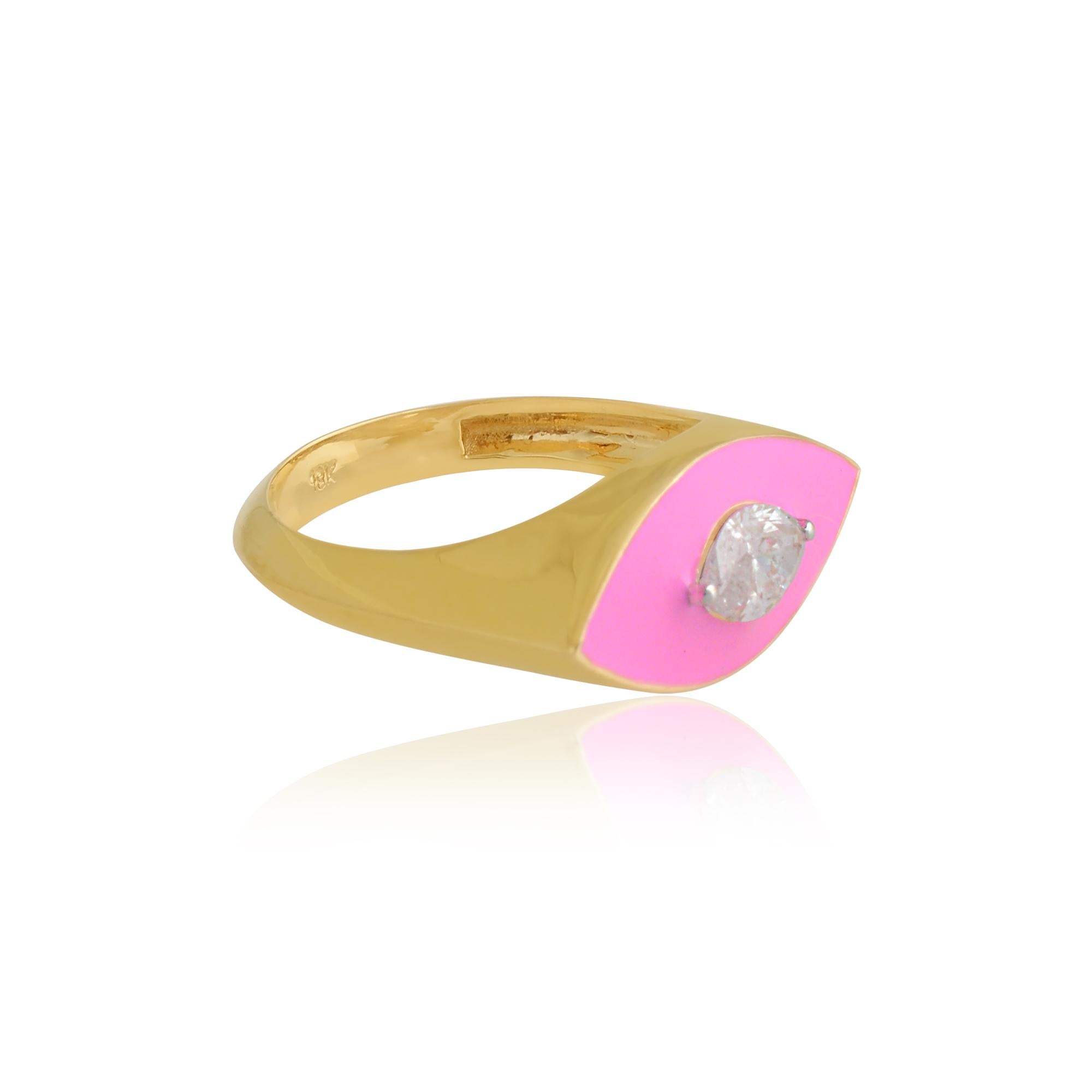 Marquise Cut 0.38 Carat Solitaire Diamond Evil Eye Ring 14k Yellow Gold Pink Enamel Jewelry For Sale