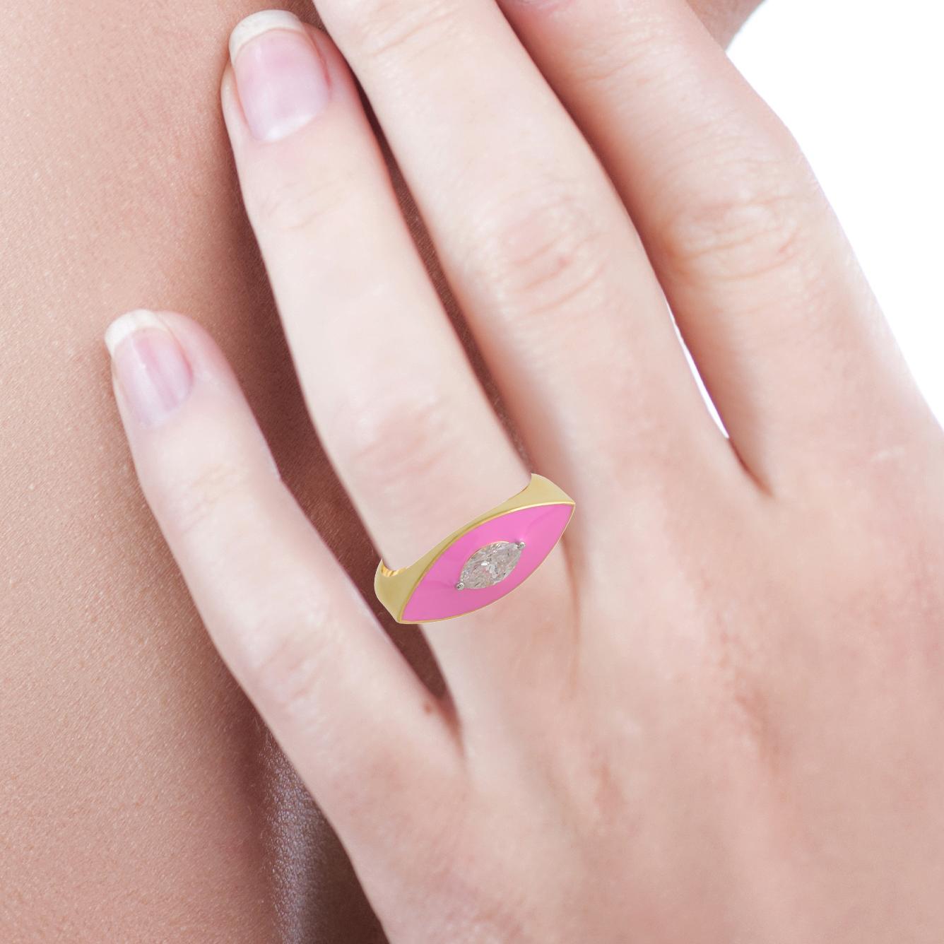 Women's 0.38 Carat Solitaire Diamond Evil Eye Ring 14k Yellow Gold Pink Enamel Jewelry For Sale