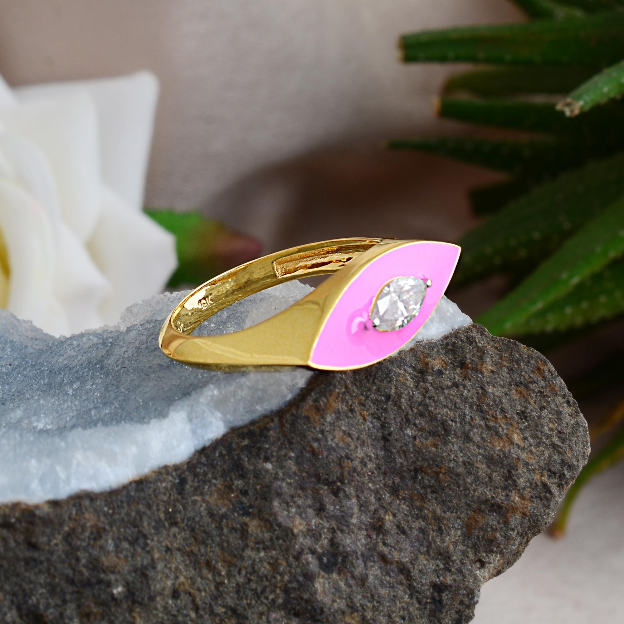 0.38 Carat Solitaire Diamond Evil Eye Ring 14k Yellow Gold Pink Enamel Jewelry For Sale 1