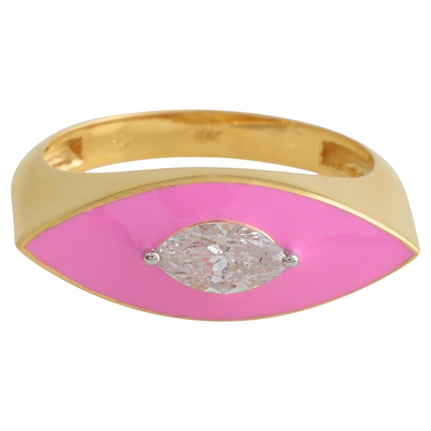 0.38 Carat Solitaire Diamond Evil Eye Ring 14k Yellow Gold Pink Enamel Jewelry For Sale