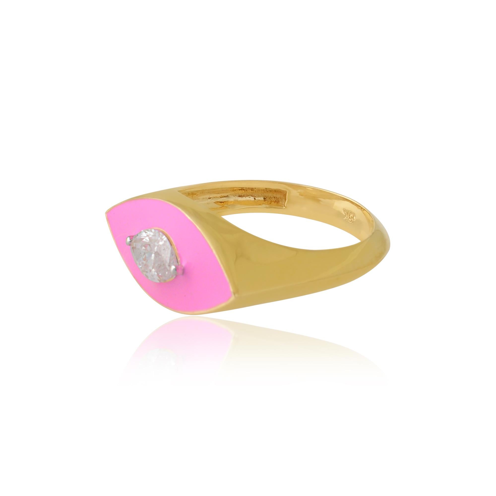 0.38 Carat Solitaire Diamond Evil Eye Ring 18k Yellow Gold Pink Enamel Jewelry For Sale 1