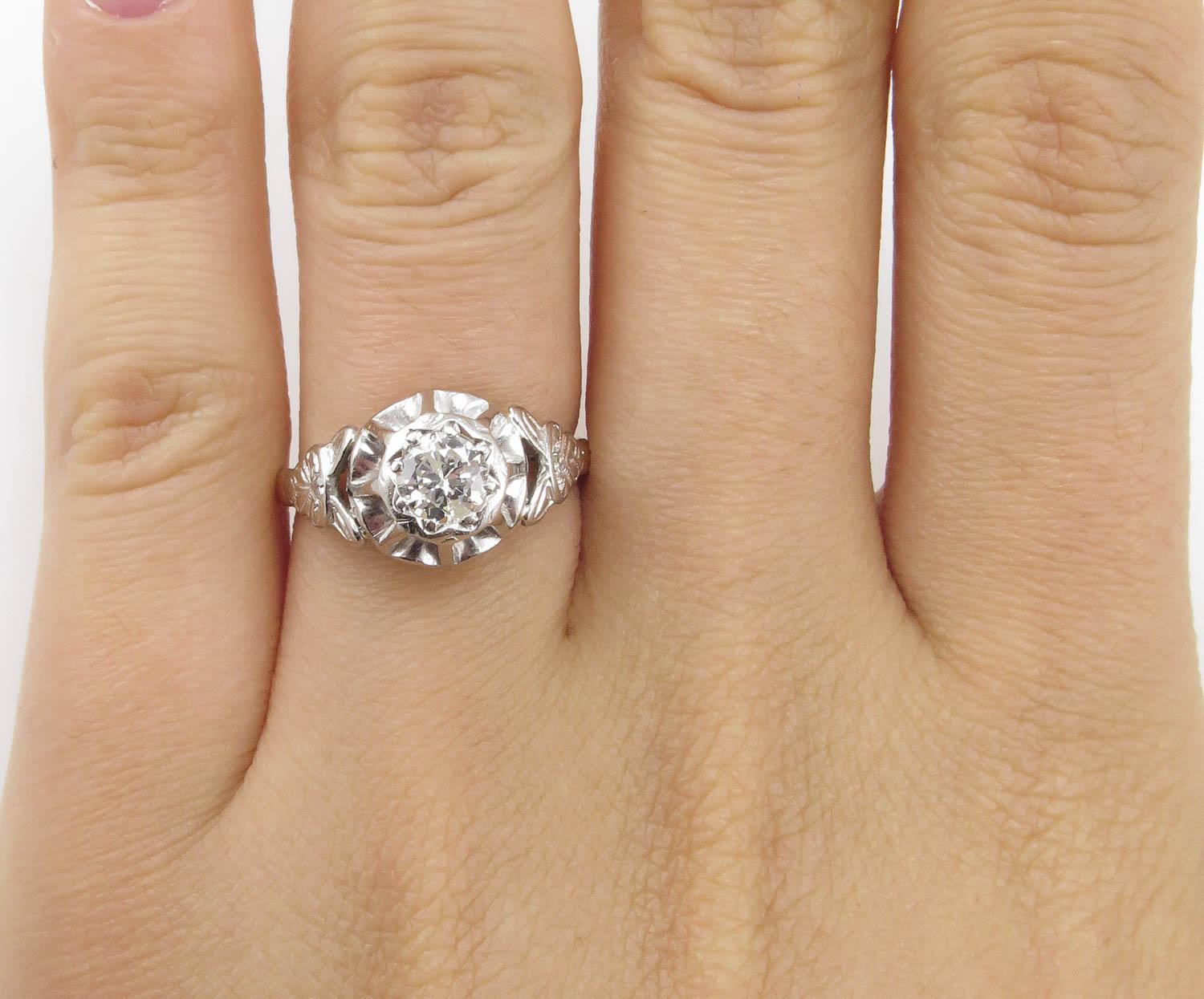 0.38 Carat Vintage Deco Old Euro Diamond Wedding Yellow Gold Plat Ring For Sale 6