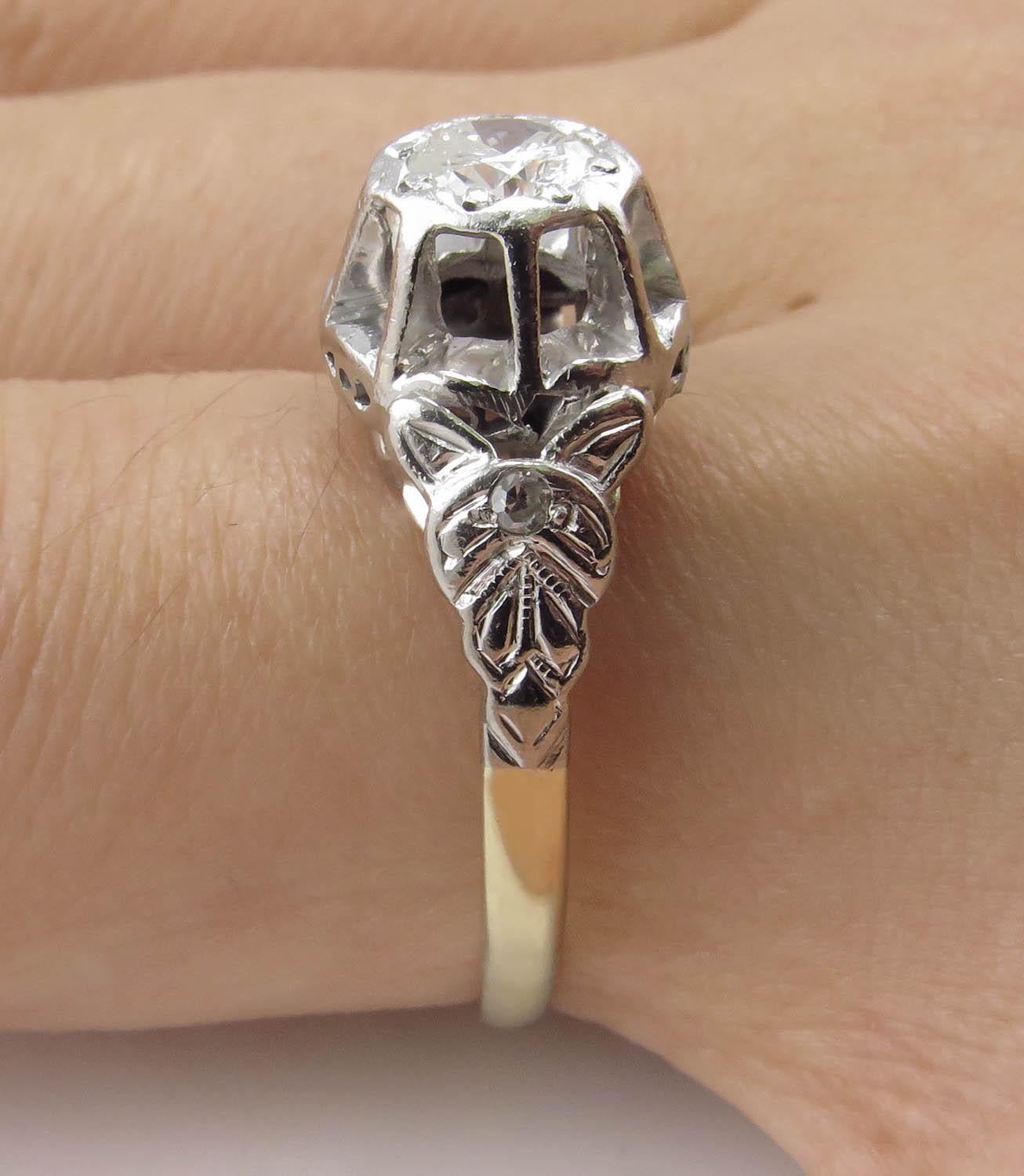 0.38 Carat Vintage Deco Old Euro Diamond Wedding Yellow Gold Plat Ring For Sale 9