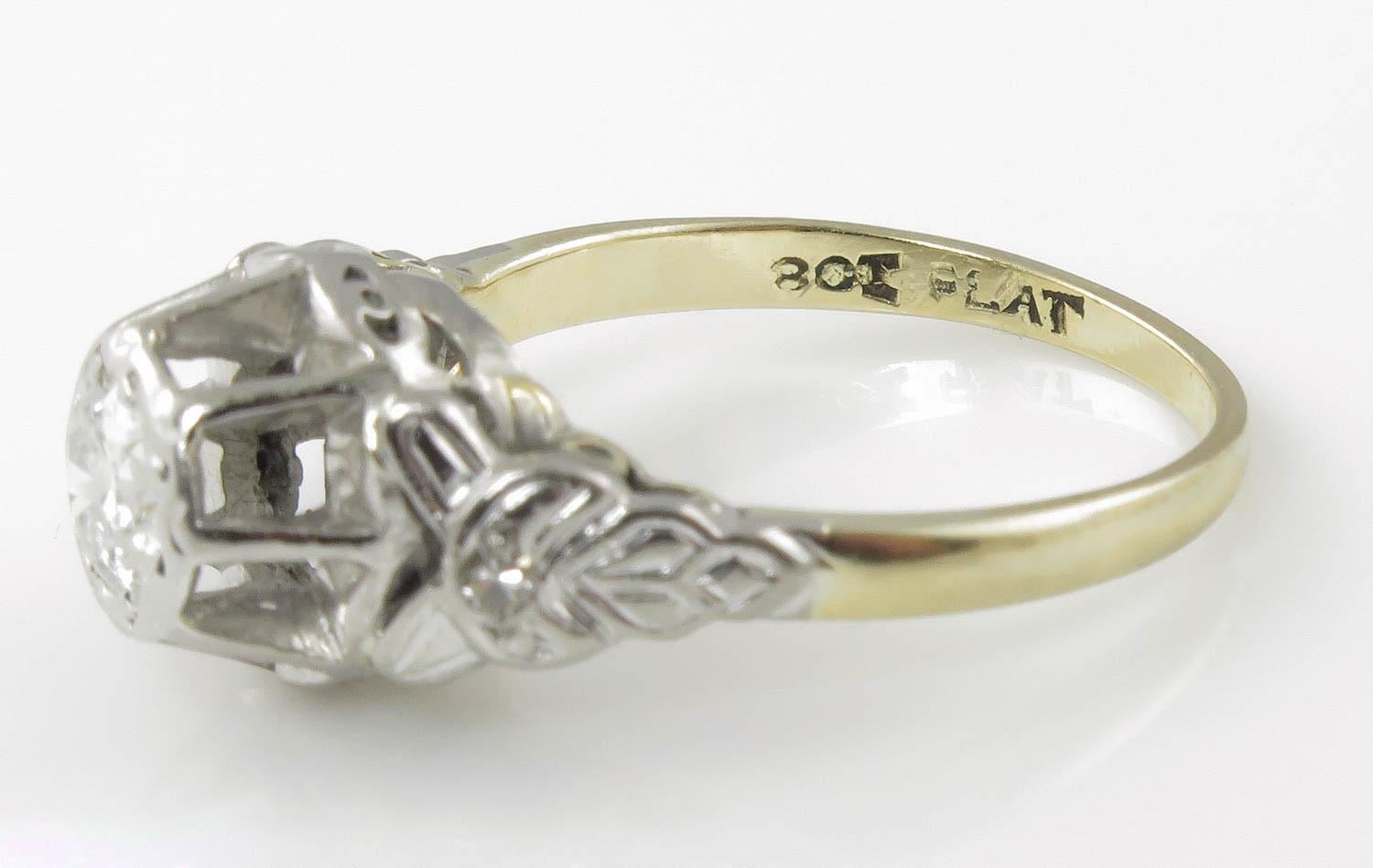0.38 Carat Vintage Deco Old Euro Diamond Wedding Yellow Gold Plat Ring For Sale 2
