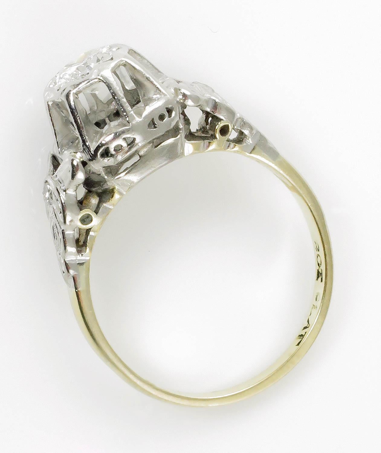 0.38 Carat Vintage Deco Old Euro Diamond Wedding Yellow Gold Plat Ring For Sale 3