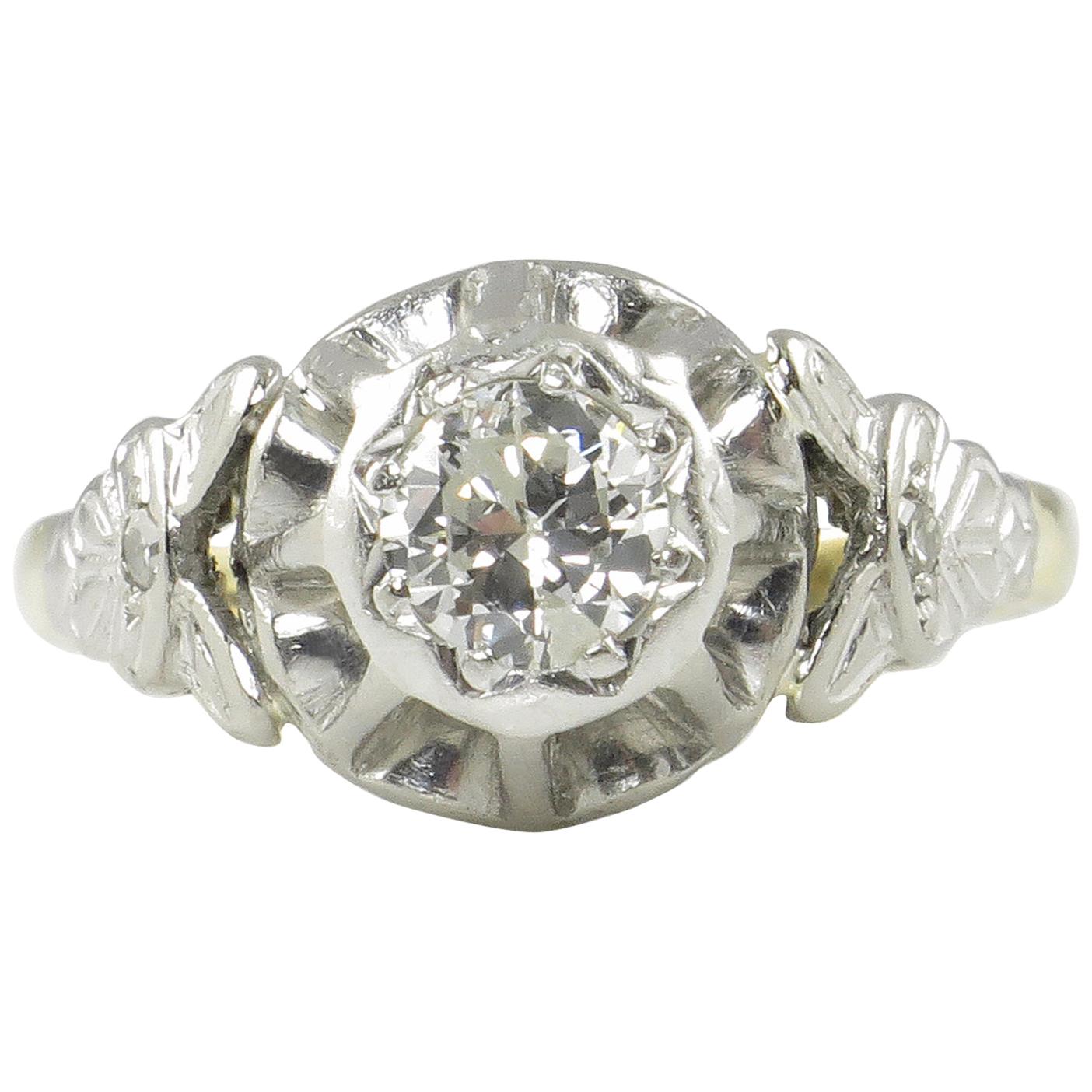 0.38 Carat Vintage Deco Old Euro Diamond Wedding Yellow Gold Plat Ring For Sale