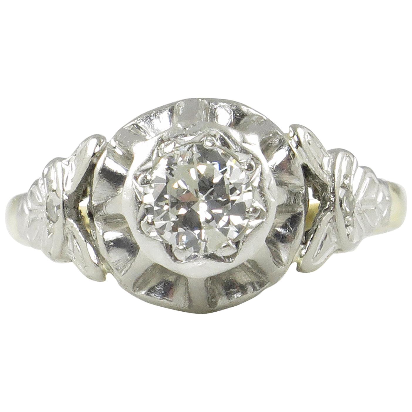 0.38 Carat Vintage Deco Old Euro Diamond Wedding Yellow Gold Plat Ring