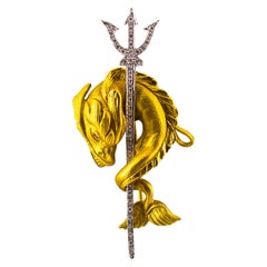 0.38 Carat White Brilliant Cut Diamond Yellow Gold "Poseidon's Pistrice" Brooch