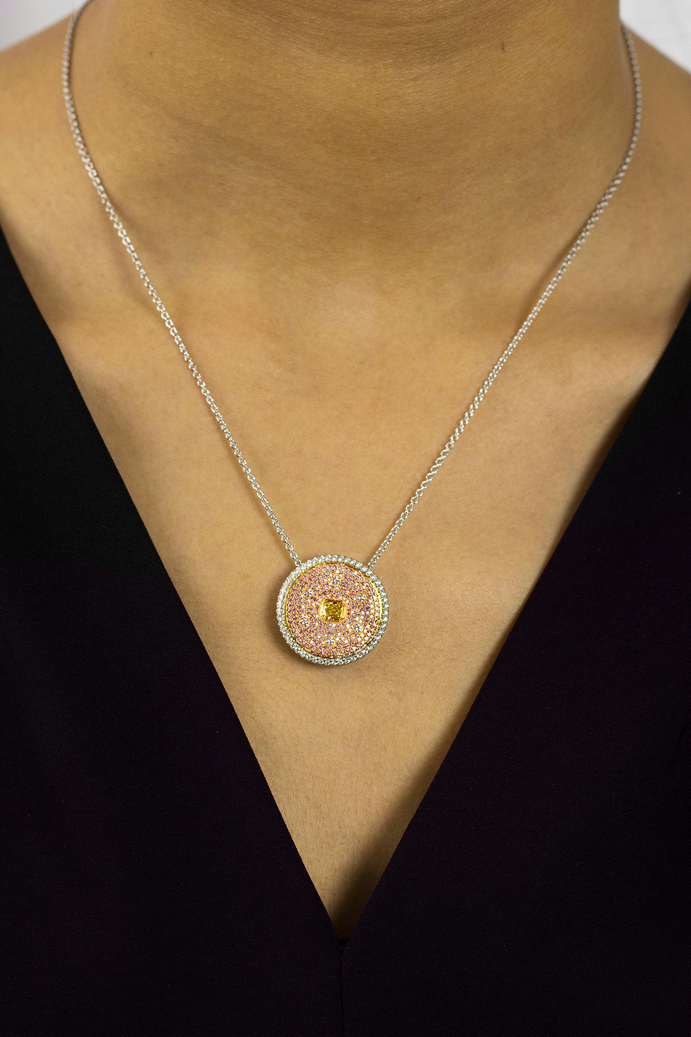Women's 0.38 Carats Radiant Cut Fancy Vivid Yellow Diamond Cluster Pendant Necklace For Sale