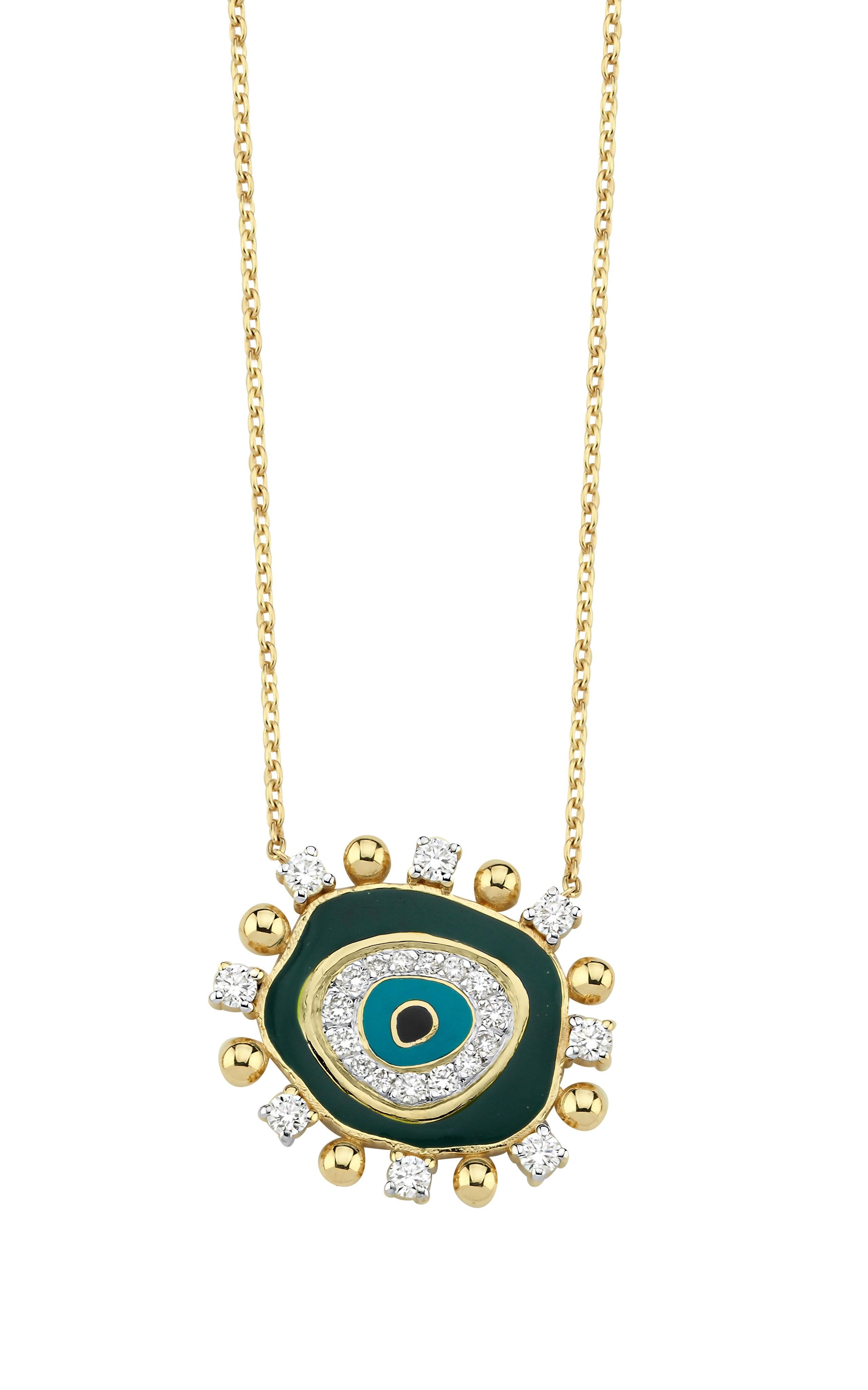 Collana con diamante da 0,38 carati, smalto verde scuro e malocchio in oro 14k In condizioni Nuovo in vendita a Okmeydanı, 34